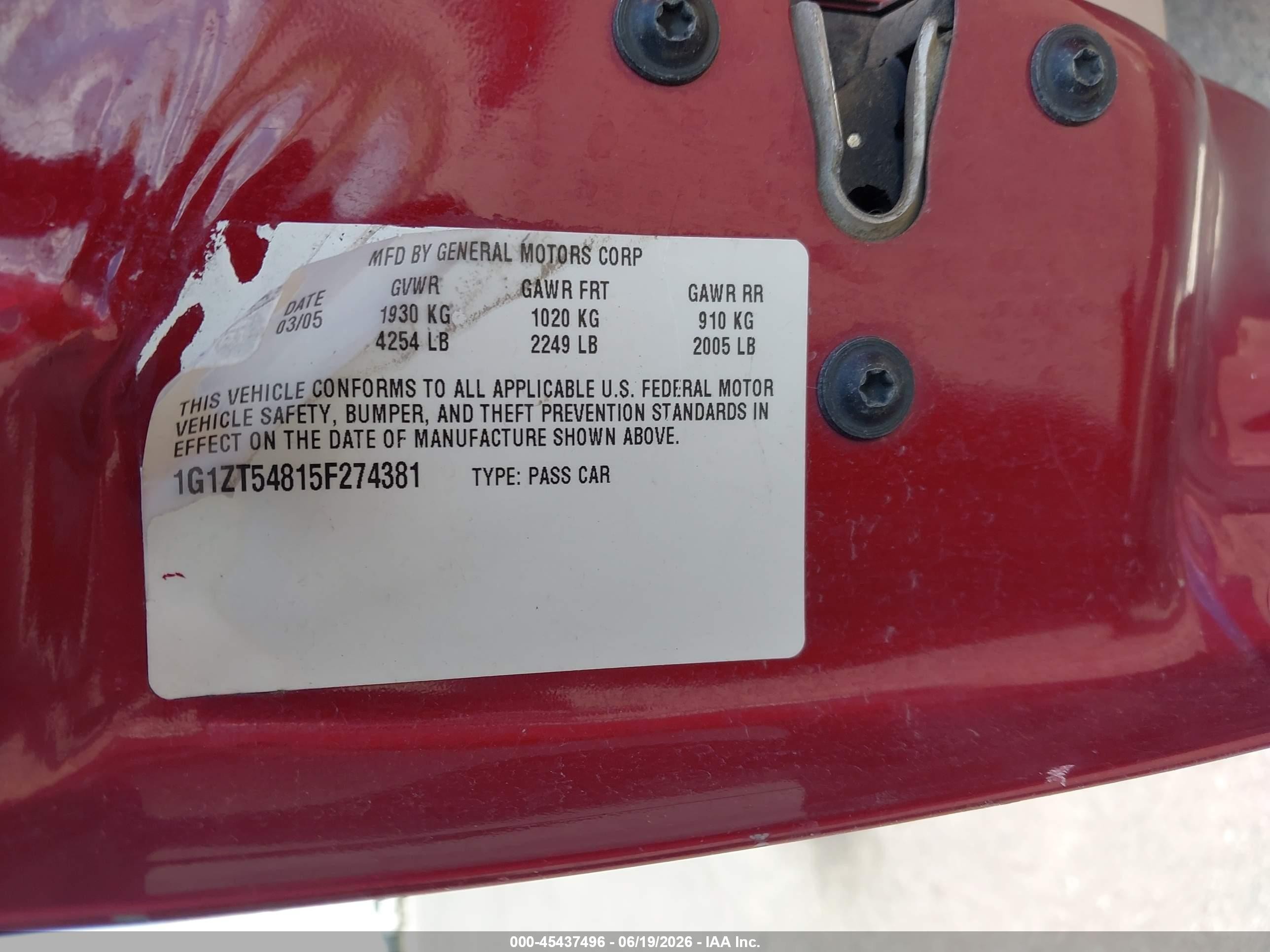 2005 Chevrolet Malibu Ls Red vin: 1G1ZT54815F274381