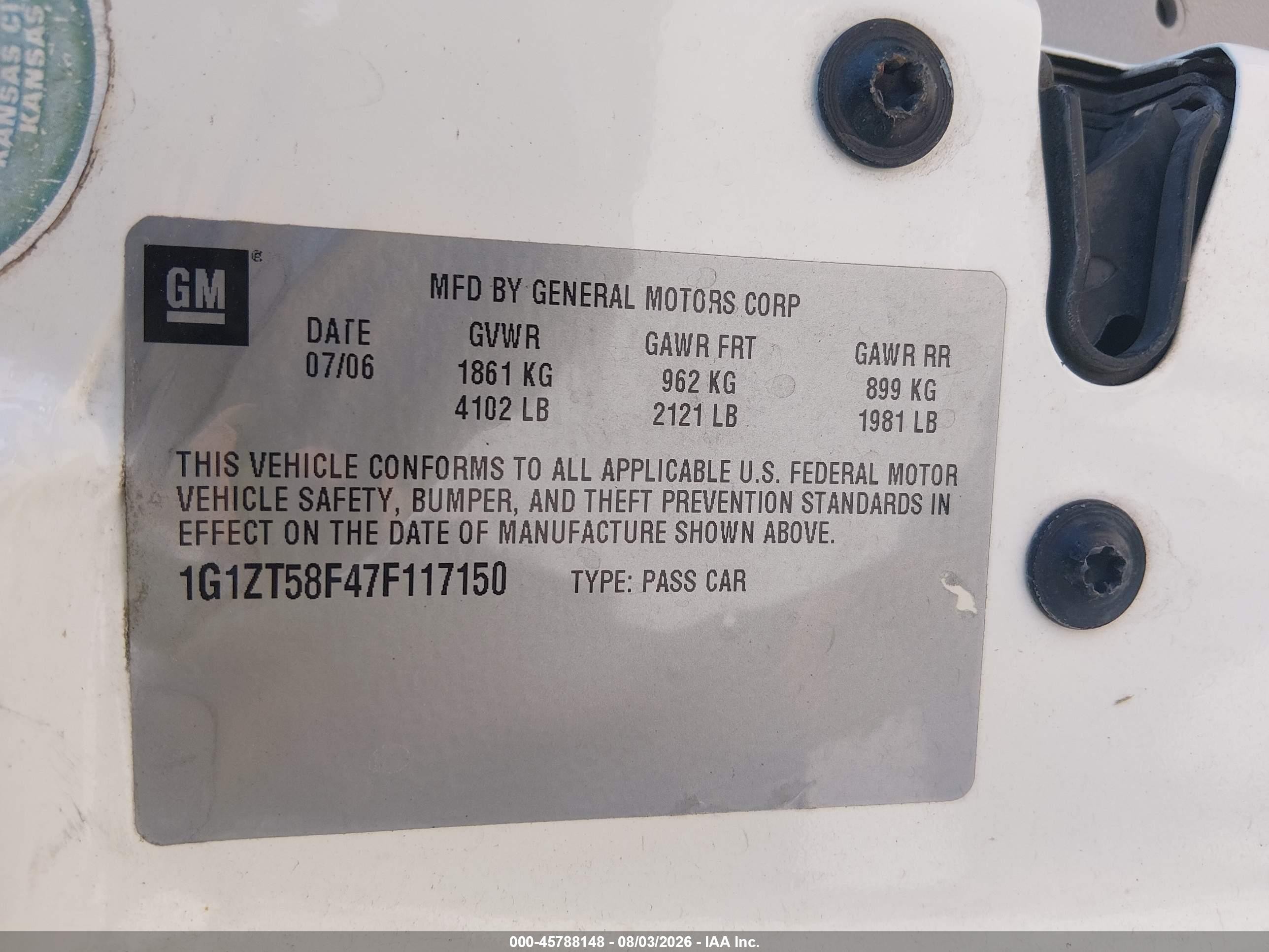 2007 Chevrolet Malibu Lt W/1lt White vin: 1G1ZT58F47F117150