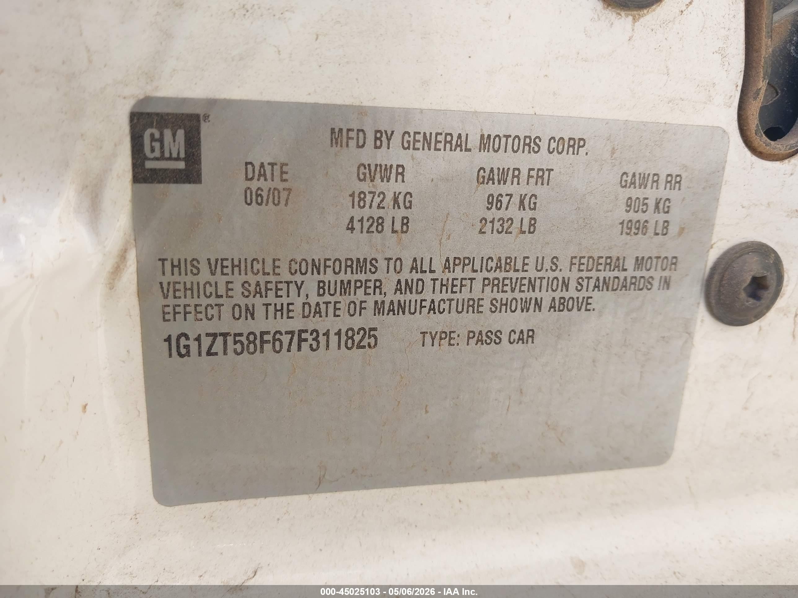 2007 Chevrolet Malibu Lt Белый vin: 1G1ZT58F67F311825