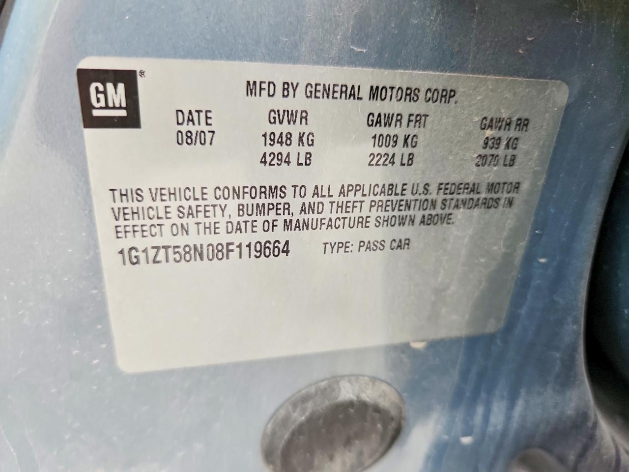 2008 Chevrolet Malibu Lt Blue vin: 1G1ZT58N08F119664