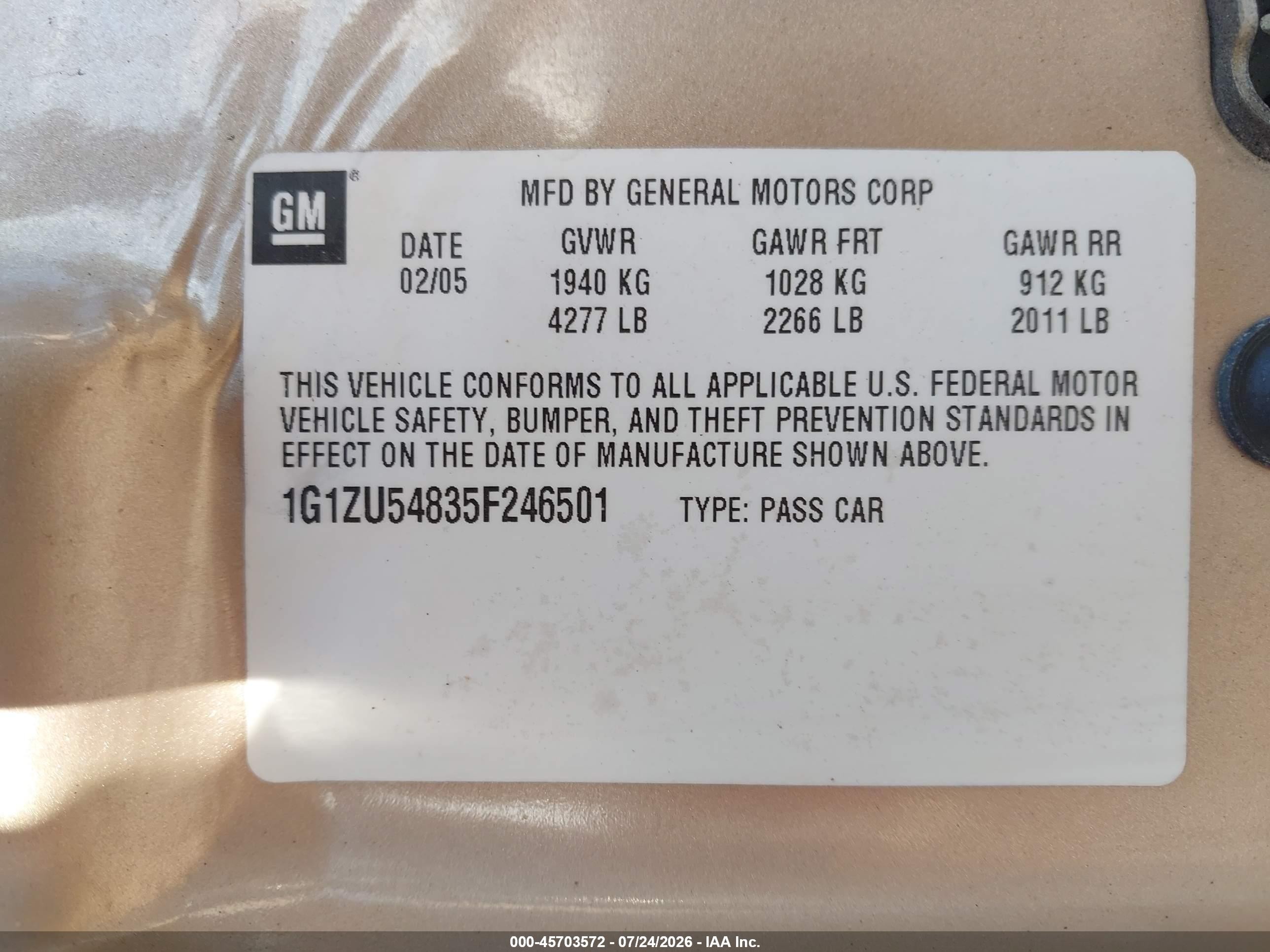 2005 Chevrolet Malibu Lt Gold vin: 1G1ZU54835F246501