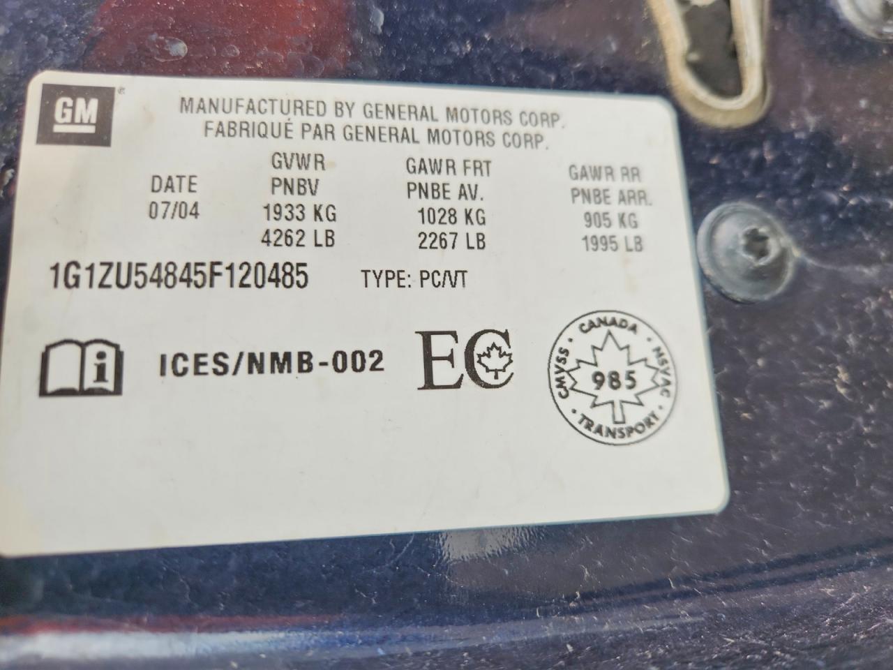 2005 Chevrolet Malibu Lt Blue vin: 1G1ZU54845F120485