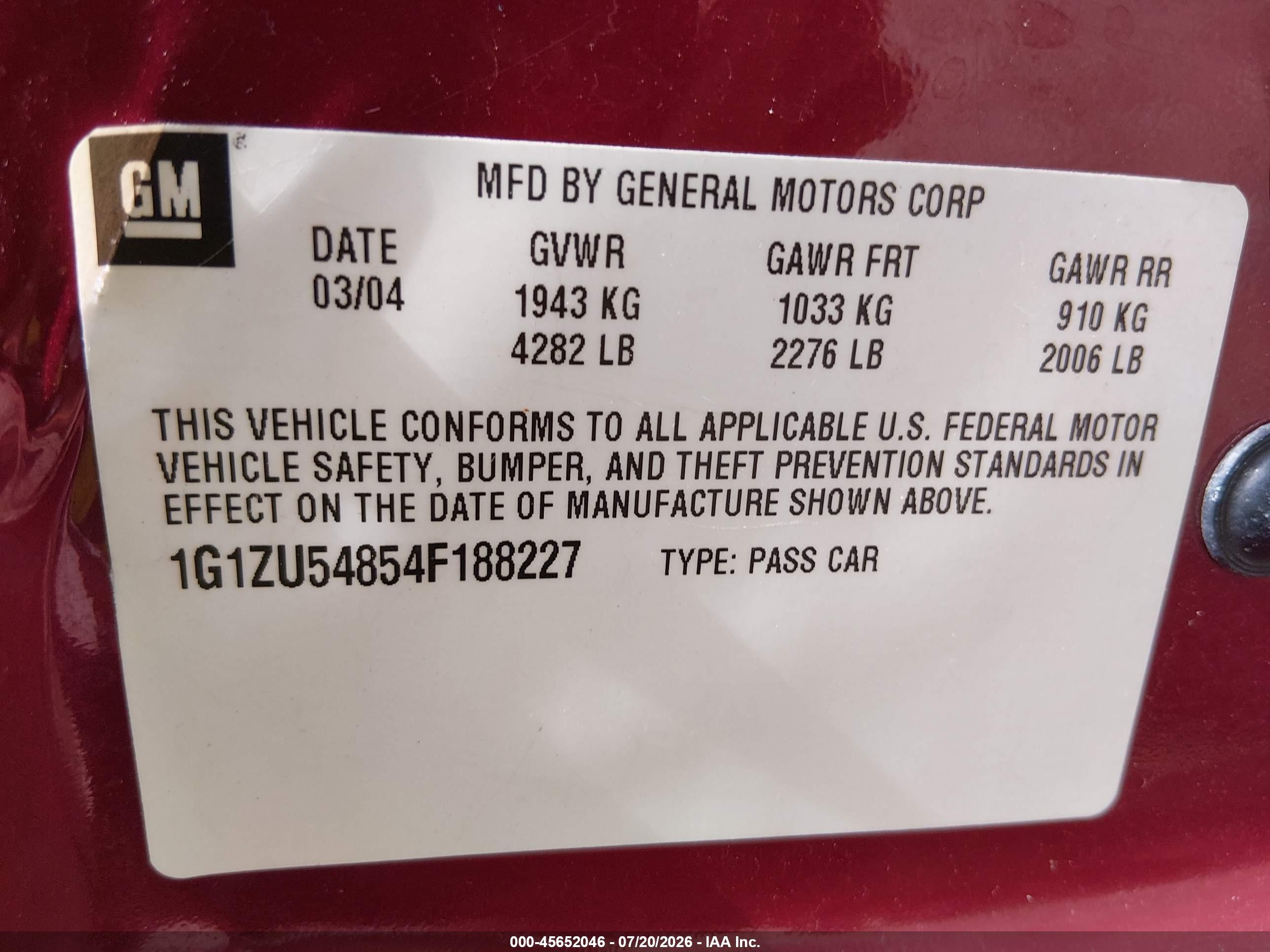 2004 Chevrolet Malibu Lt Бордовый vin: 1G1ZU54854f188227
