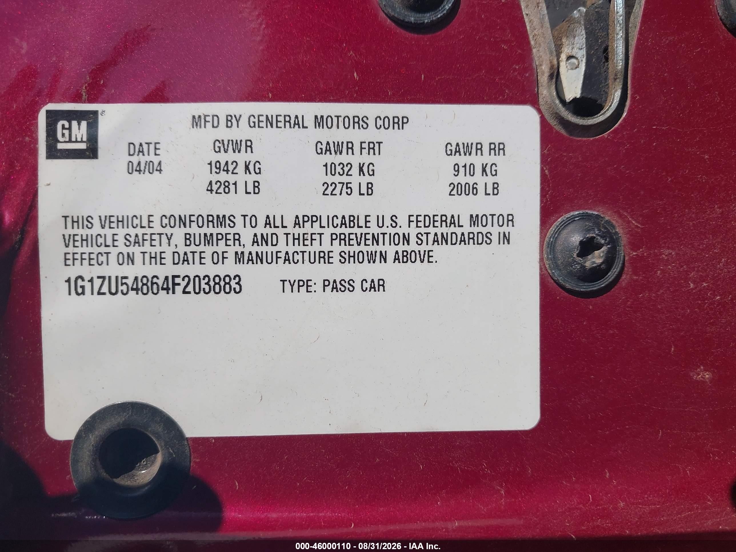 2004 Chevrolet Malibu Lt Red vin: 1G1ZU54864F203883