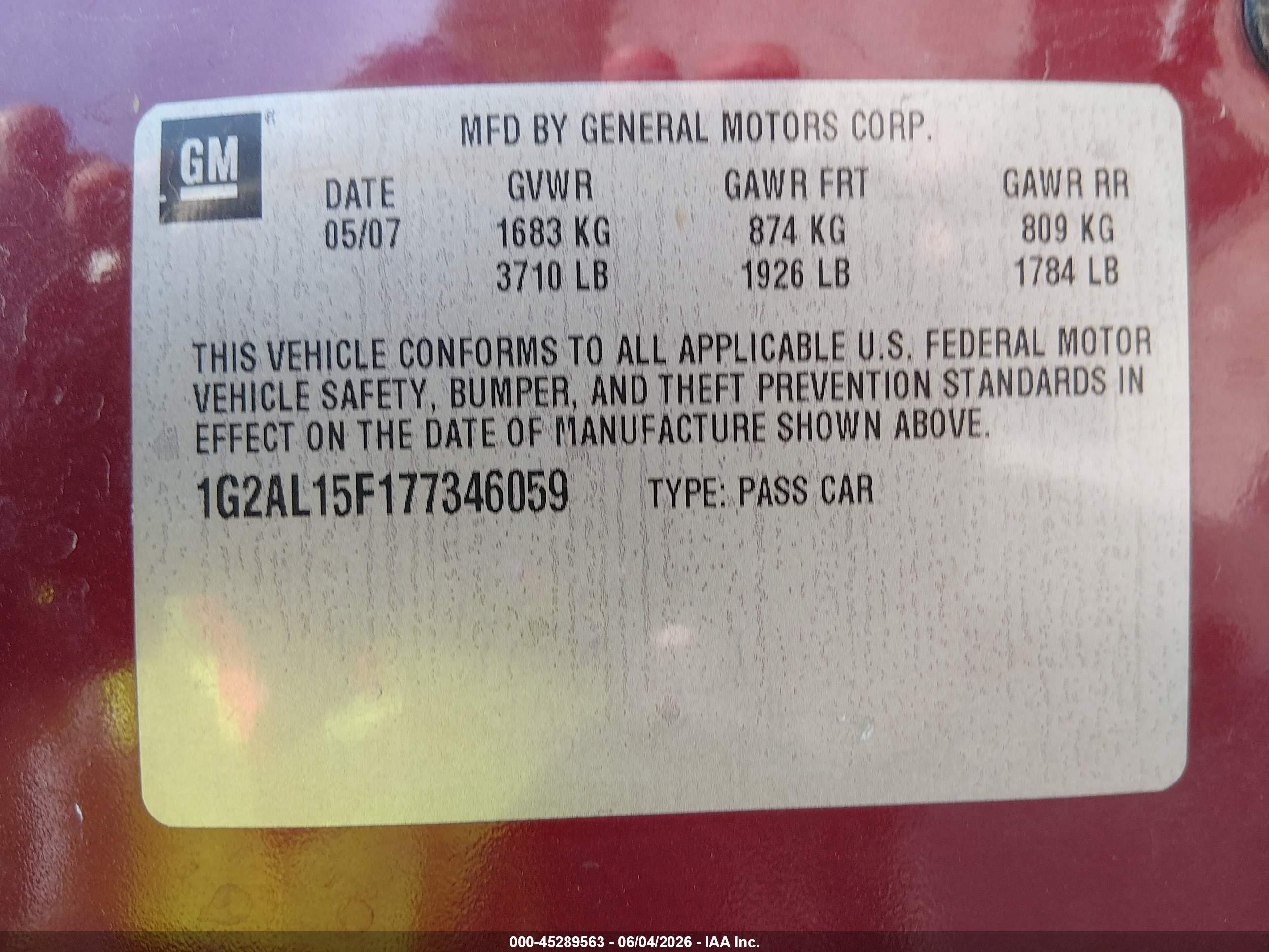 2007 Pontiac G5   Red vin: 1G2AL15F177346059