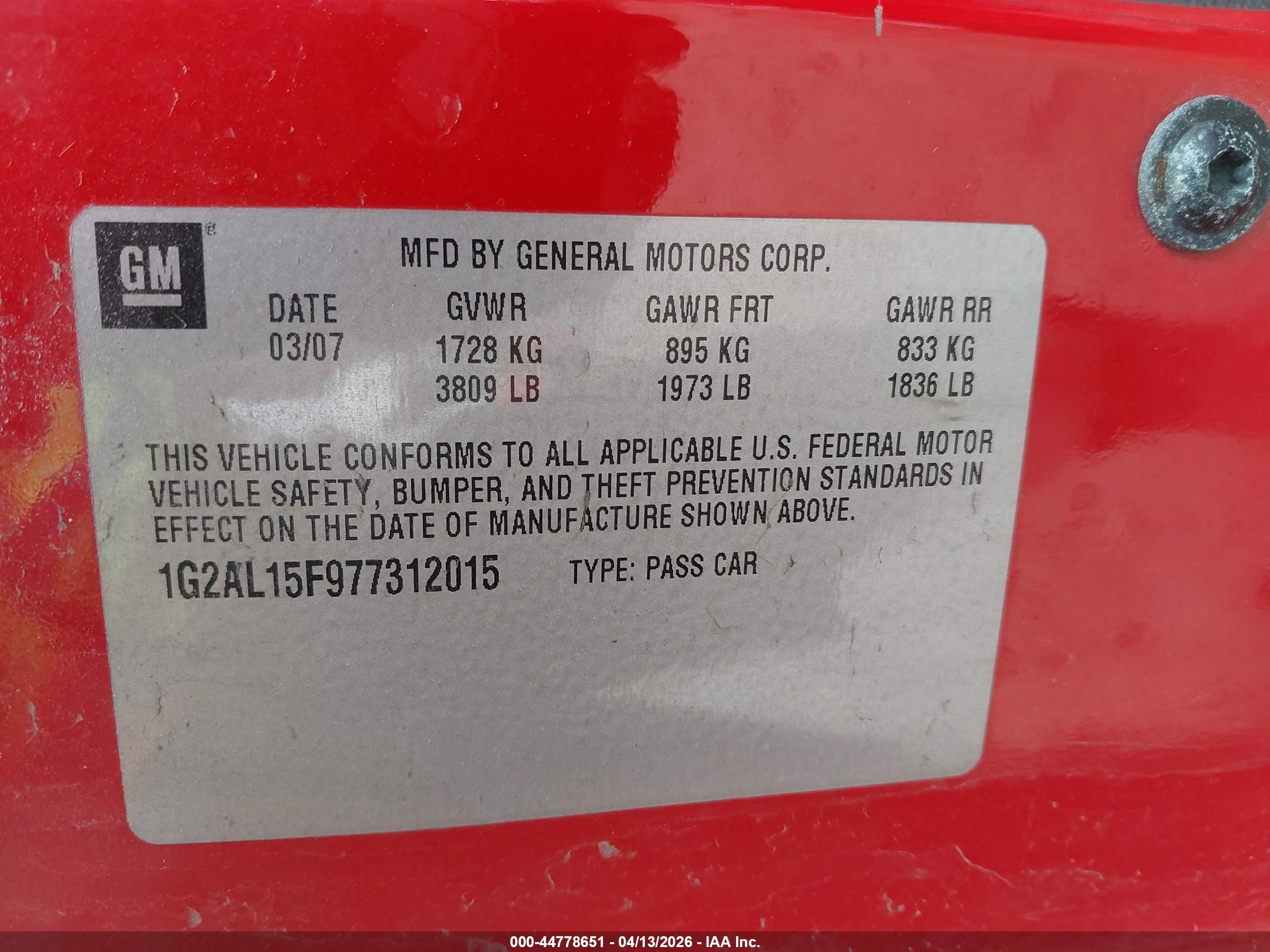 2007 Pontiac G5   Red vin: 1G2AL15F977312015