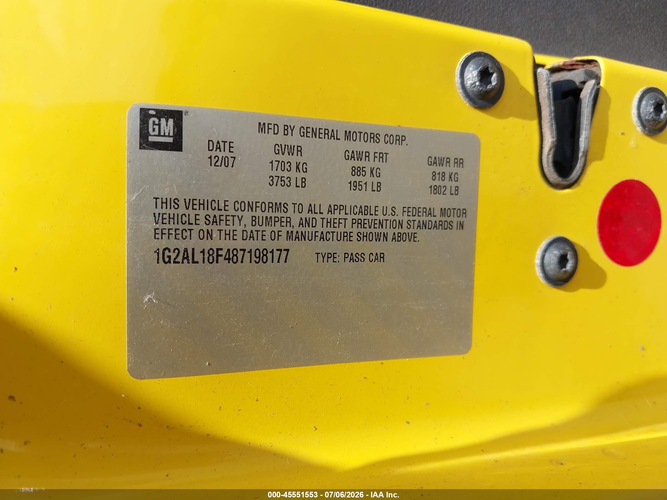 2008 Pontiac G5   Yellow vin: 1G2AL18F487198177