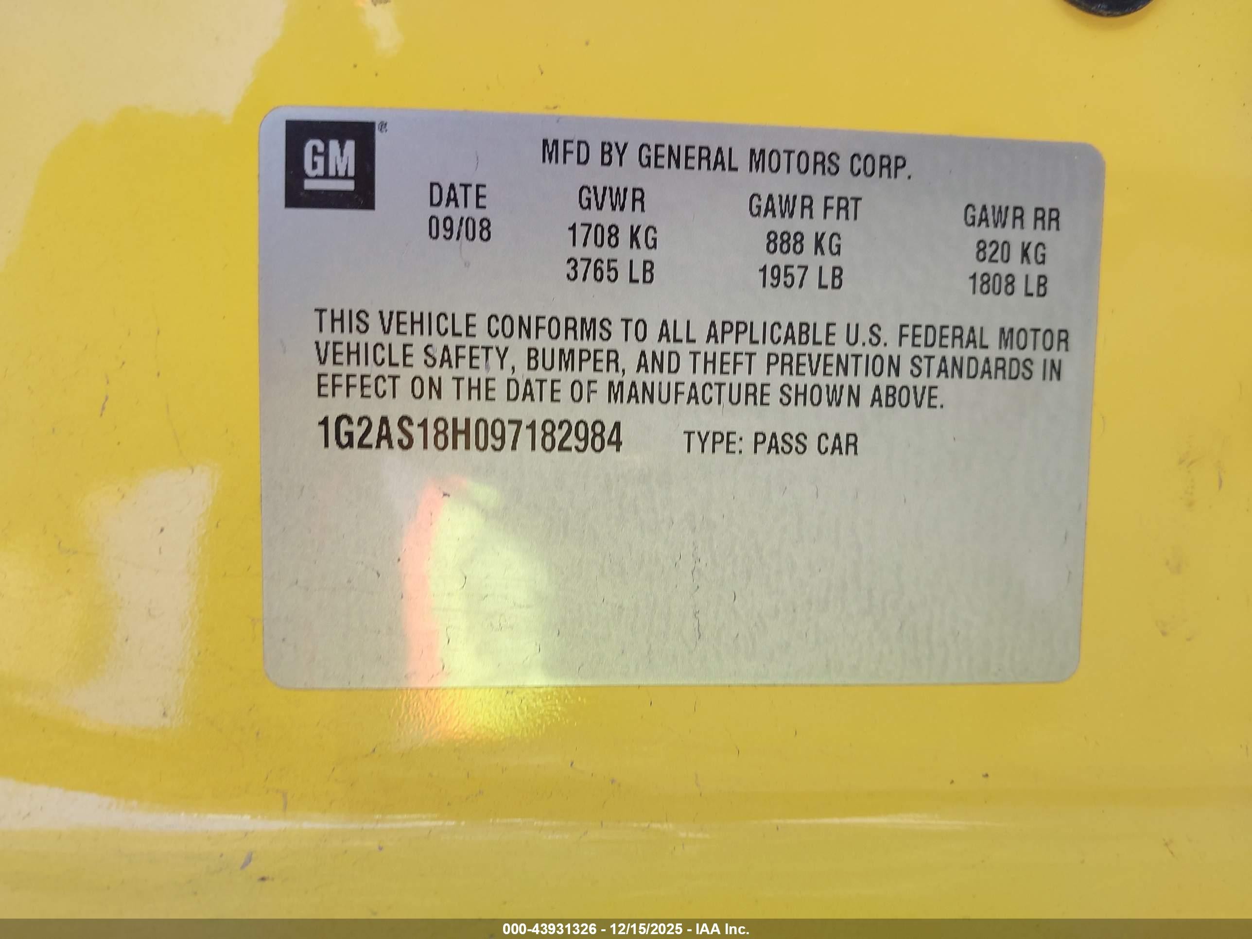 2009 Pontiac G5   Yellow vin: 1G2AS18H097182984