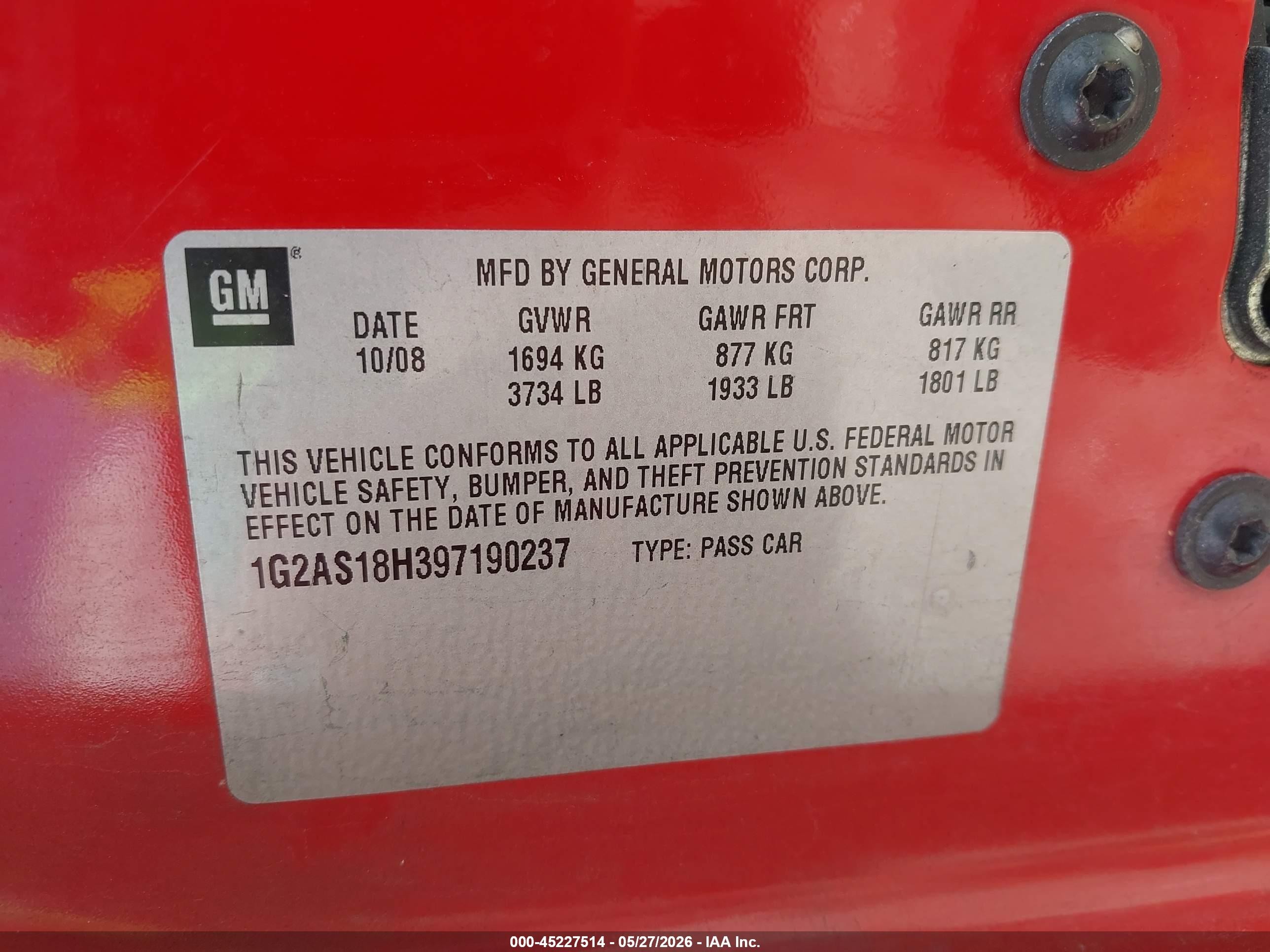 2009 Pontiac G5   Red vin: 1G2AS18H397190237