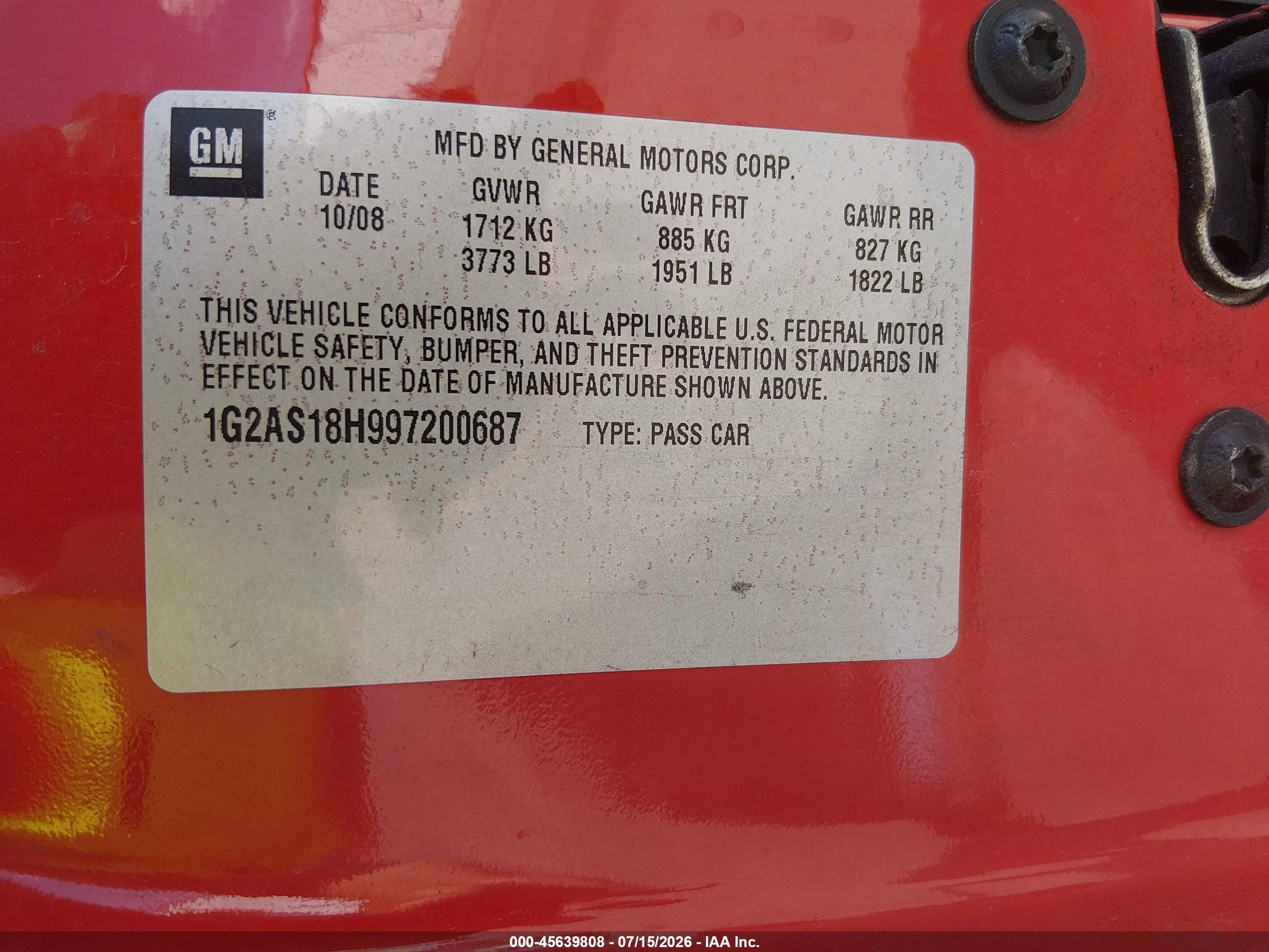 2009 Pontiac G5   Red vin: 1G2AS18H997200687