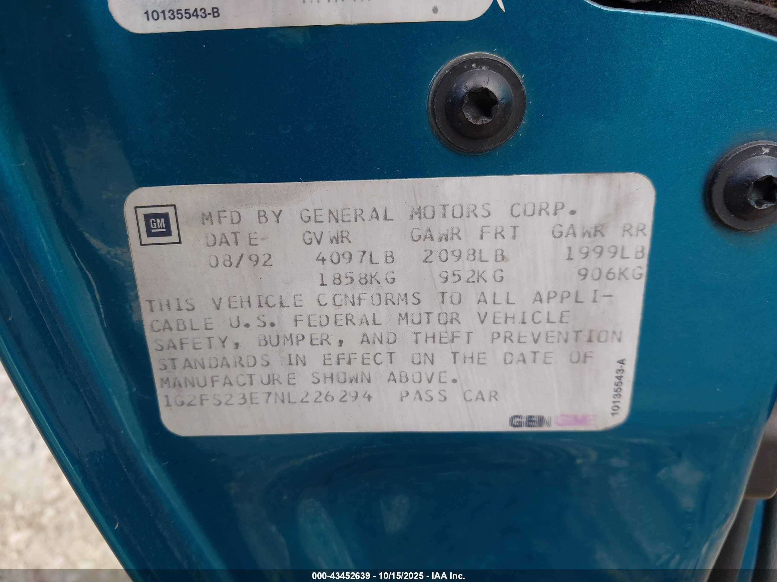 1992 Pontiac Firebird Formula Blue vin: 1G2FS23E7NL226294