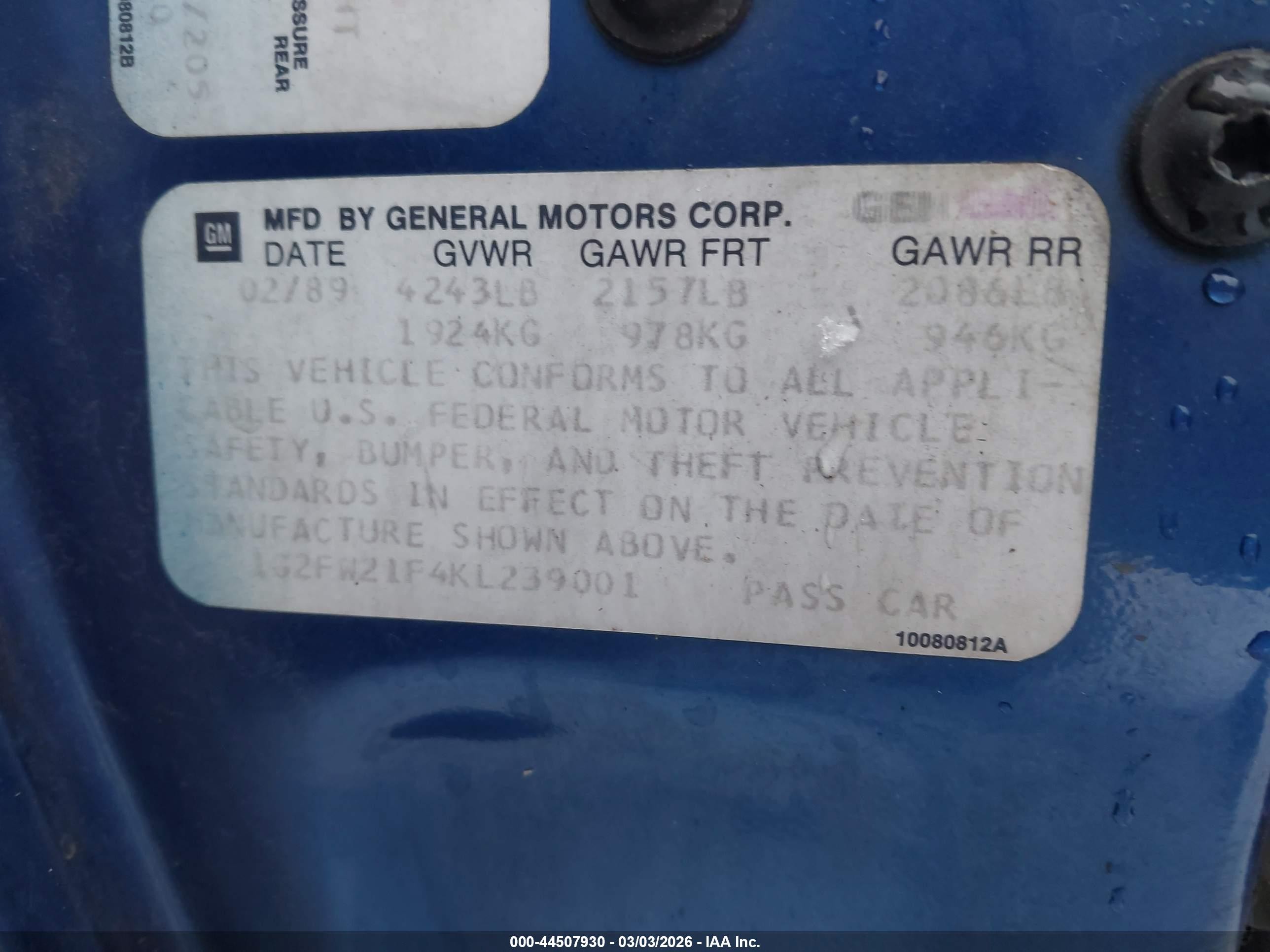 1989 Pontiac Firebird Trans Am/gta Blue vin: 1G2FW21F4KL239001