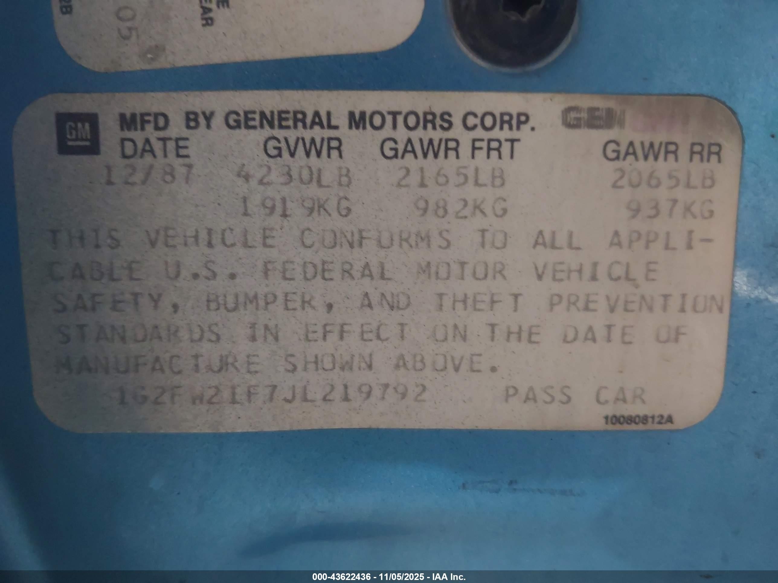 1988 Pontiac Firebird Trans Am/gta Light Blue vin: 1G2FW21F7JL219792