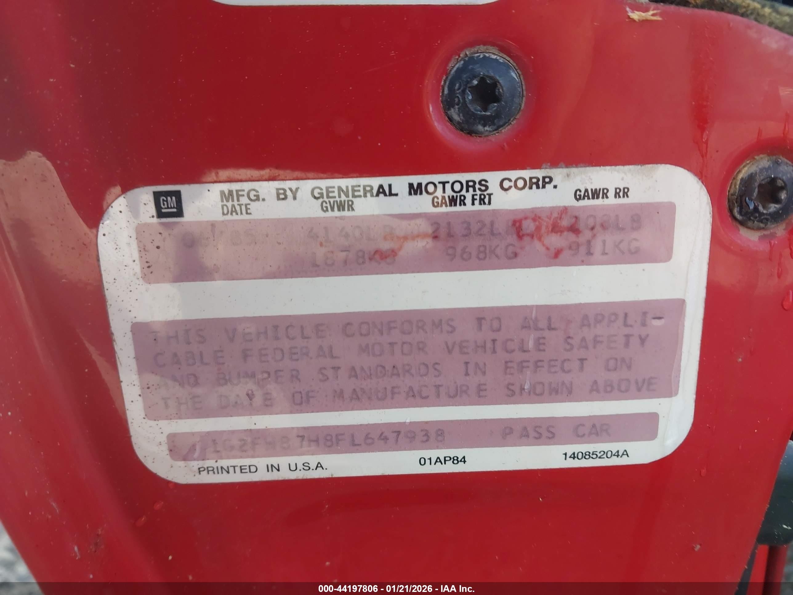 1985 Pontiac Firebird Trans Am Red vin: 1G2FW87H8FL647938