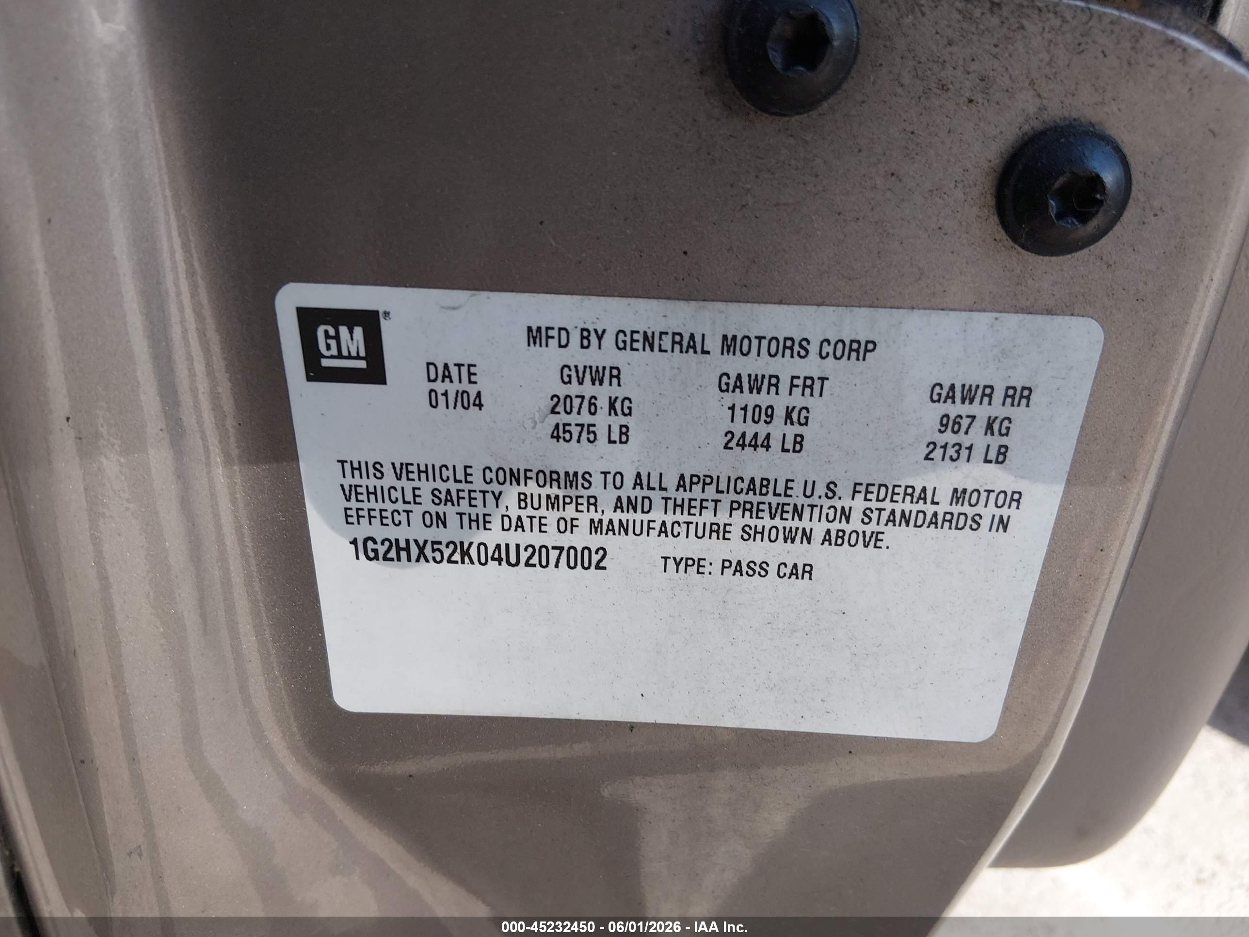 2004 Pontiac Bonneville Se Tan vin: 1G2HX52K04U207002