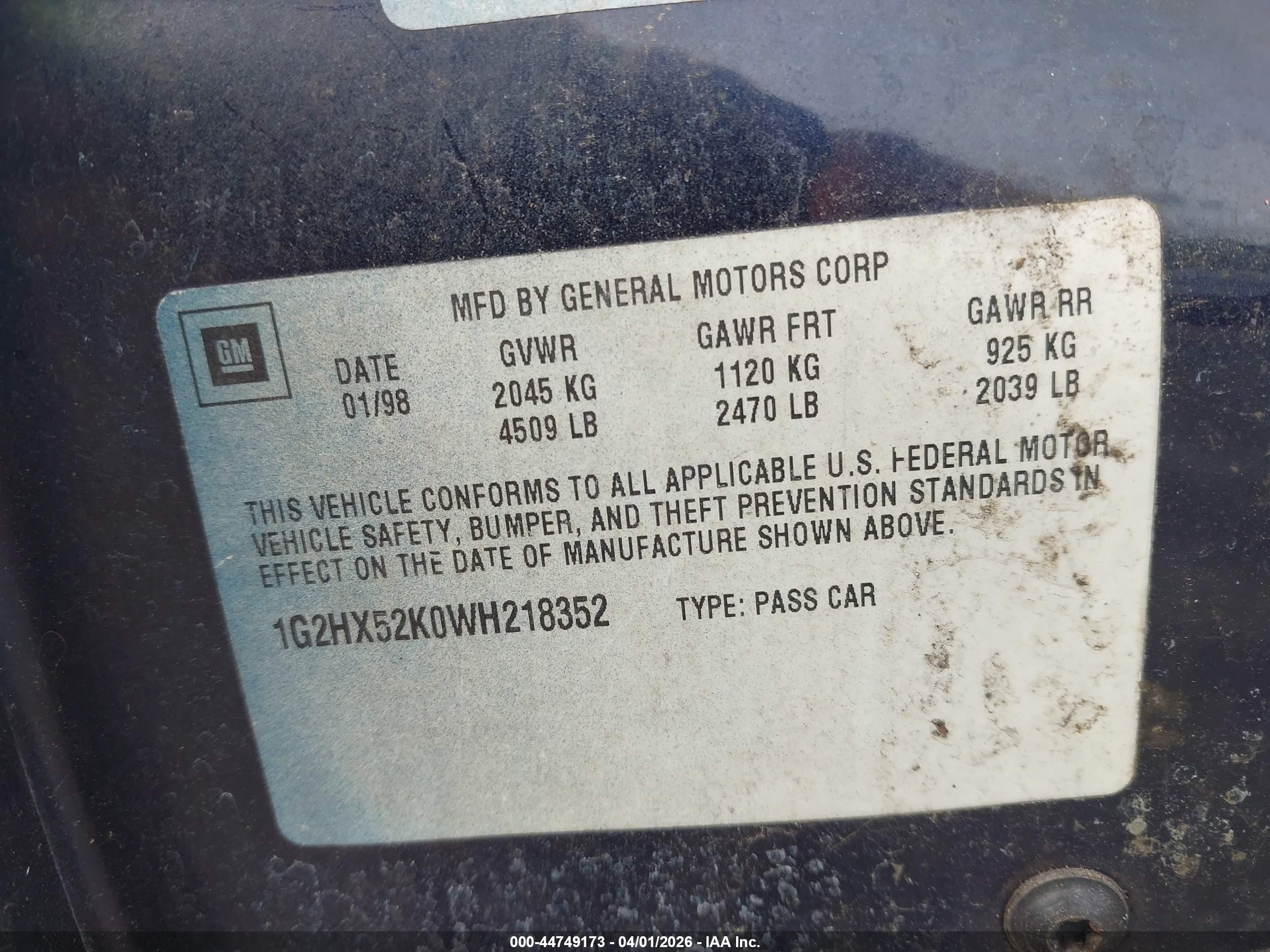 1998 Pontiac Bonneville Se Blue vin: 1G2HX52K0WH218352