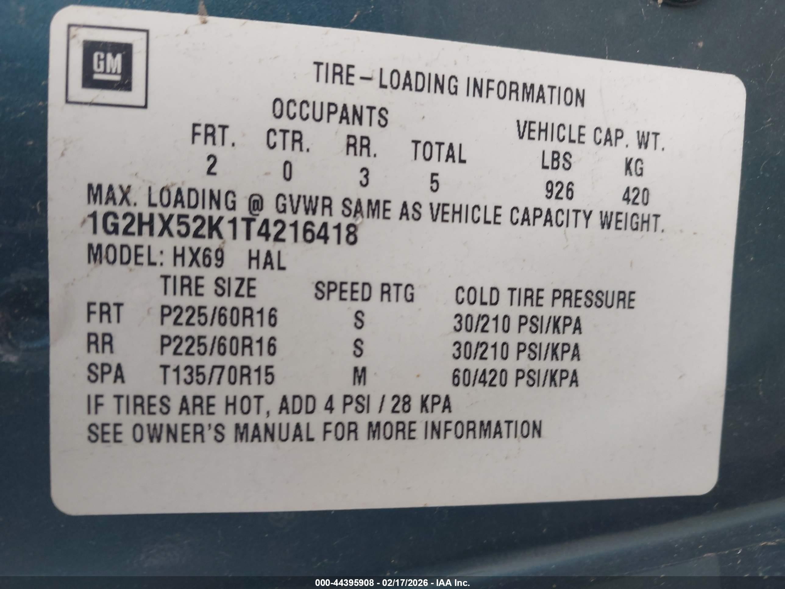 1996 Pontiac Bonneville Se Green vin: 1G2HX52K1T4216418