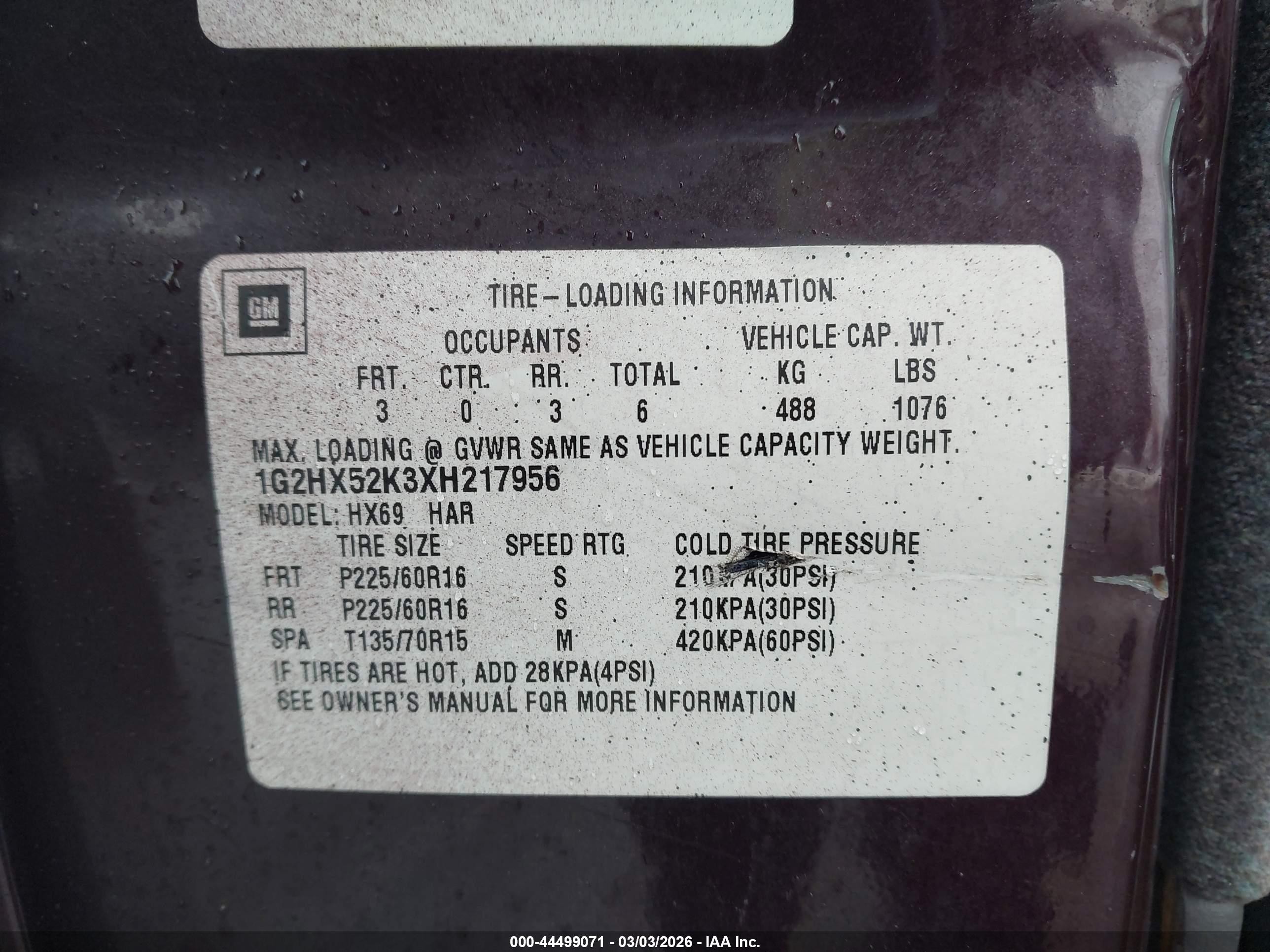 1999 Pontiac Bonneville Se Maroon vin: 1G2HX52K3XH217956
