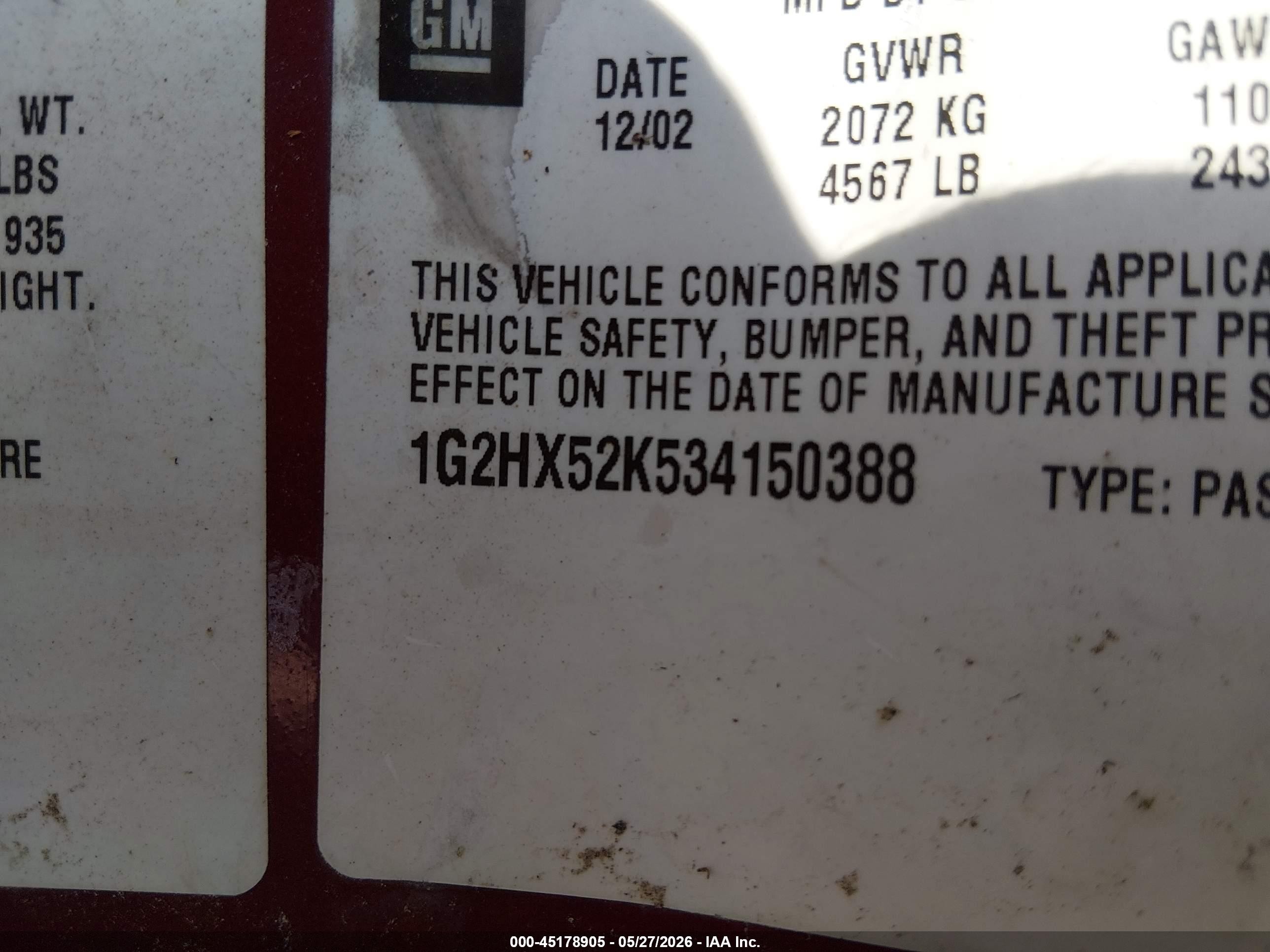 2003 Pontiac Bonneville Se Burgundy vin: 1G2HX52K534150388