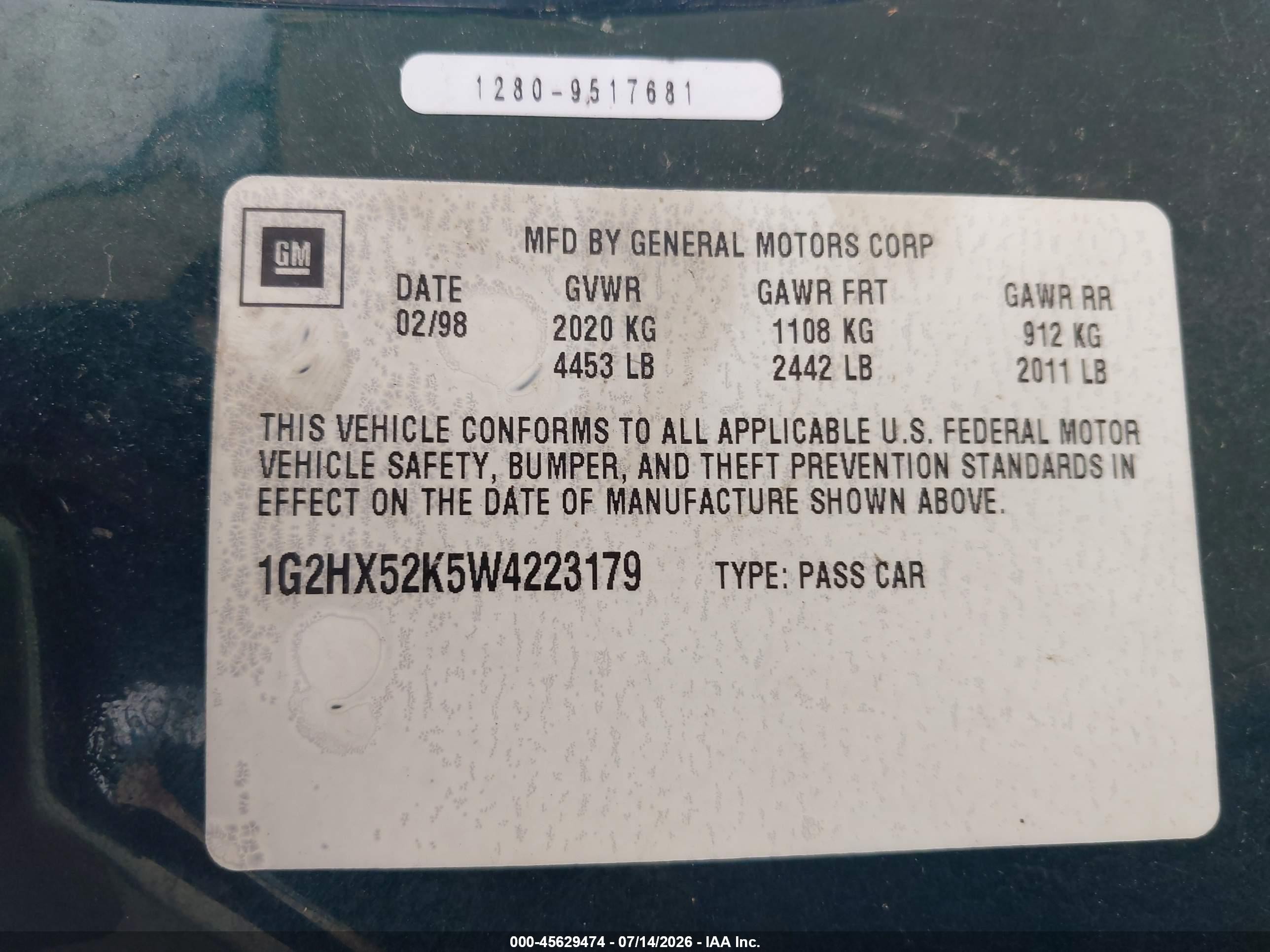 1998 Pontiac Bonneville Se Green vin: 1G2HX52K5W4223179