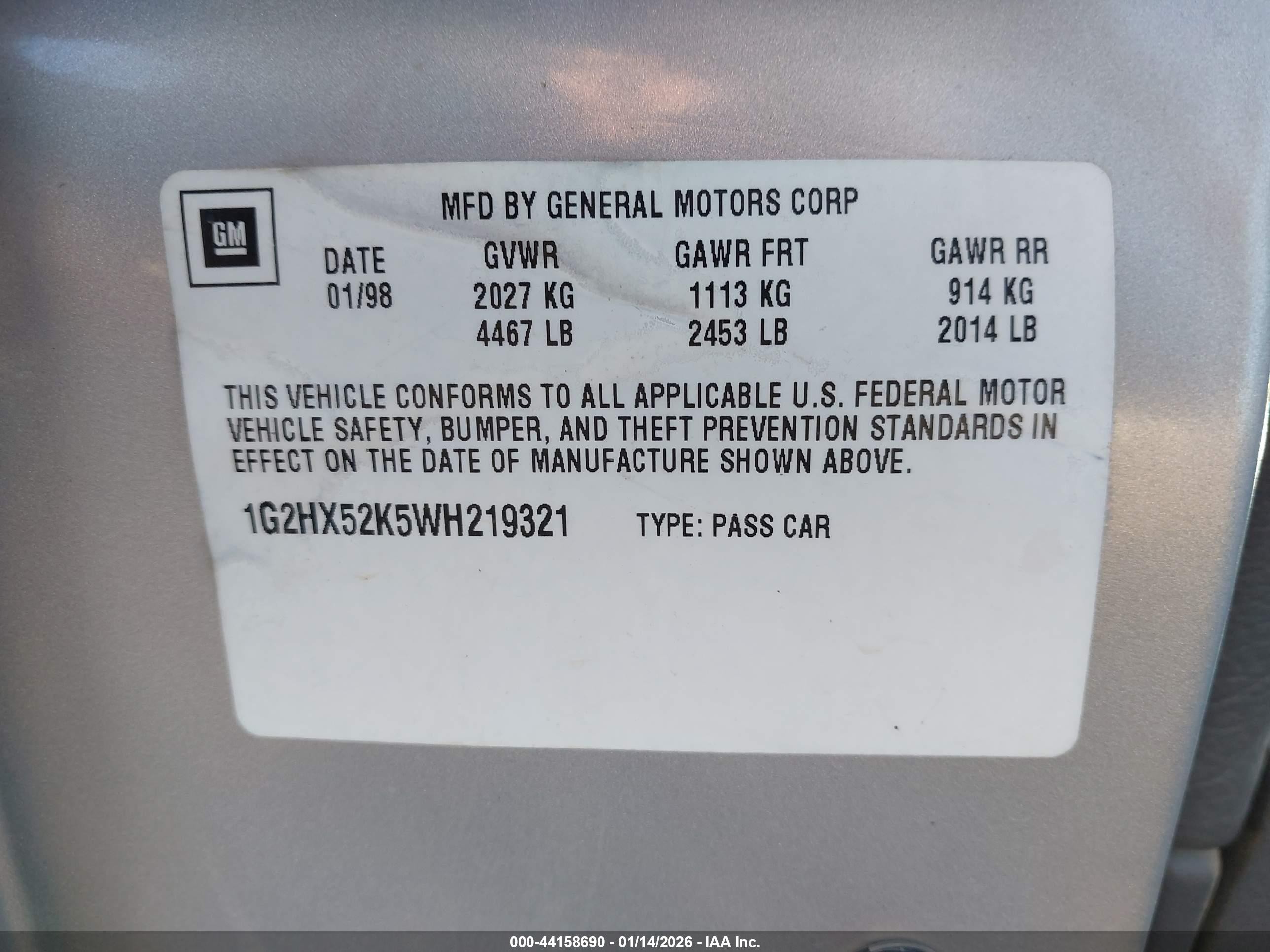 1998 Pontiac Bonneville Se Silver vin: 1G2HX52K5WH219321