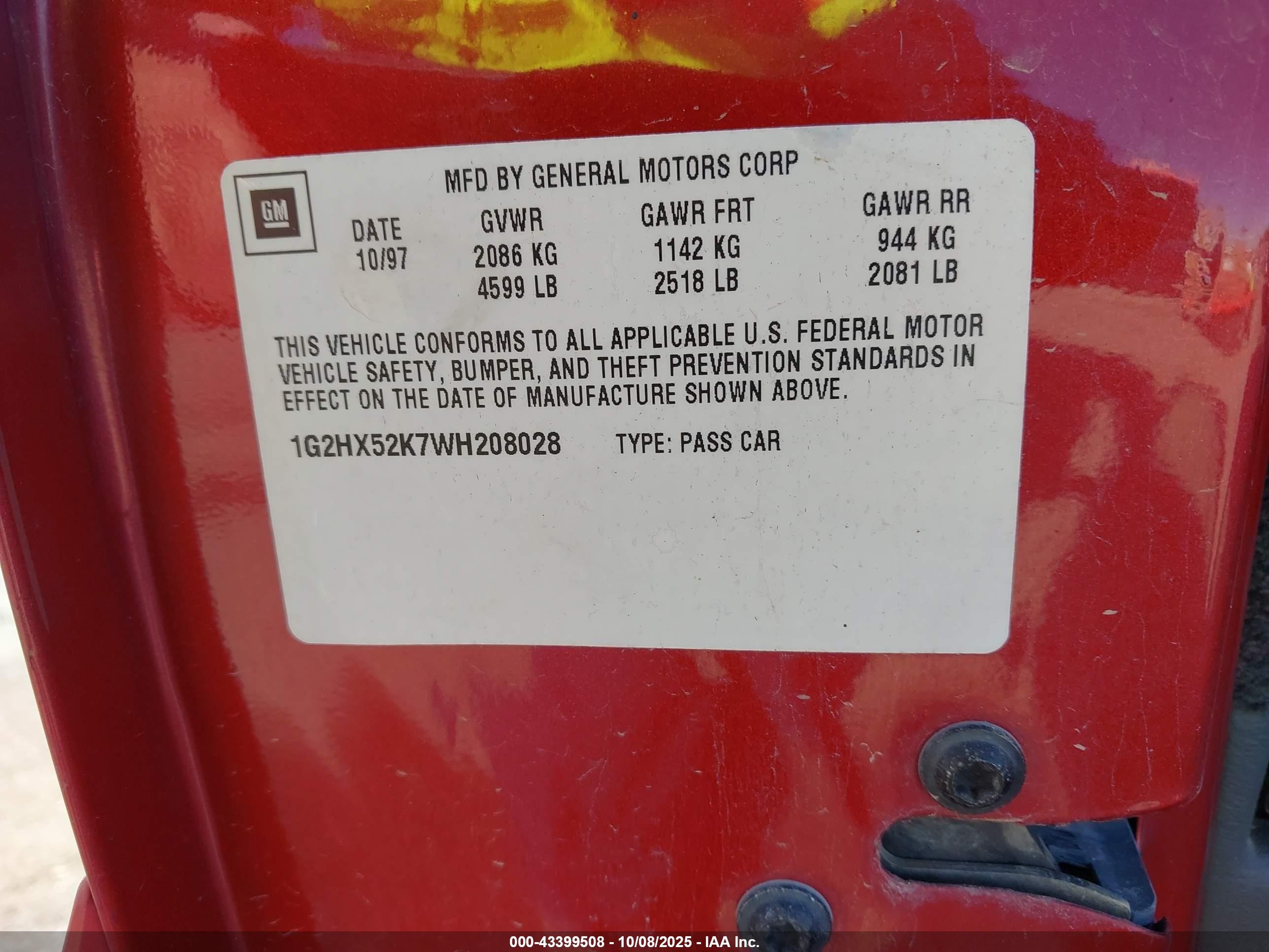 1998 Pontiac Bonneville Se Red vin: 1G2HX52K7WH208028