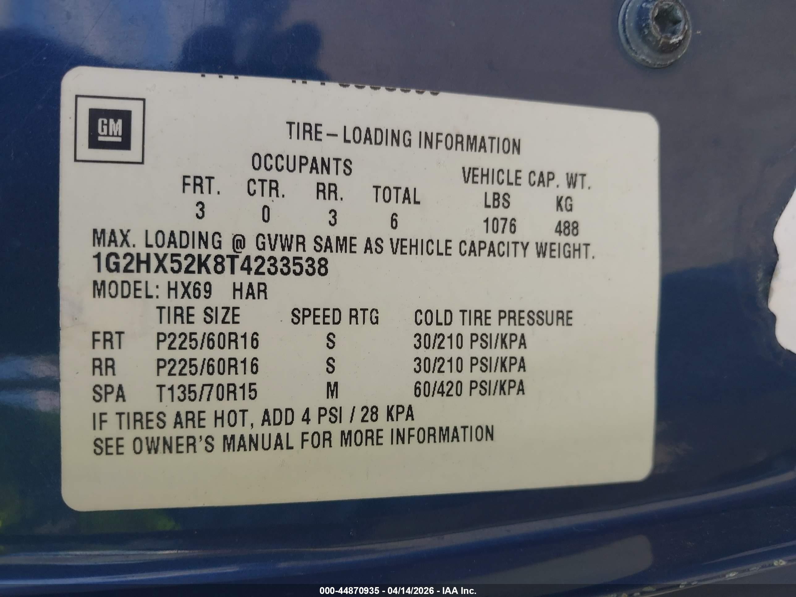 1996 Pontiac Bonneville Se Blue vin: 1G2HX52K8T4233538
