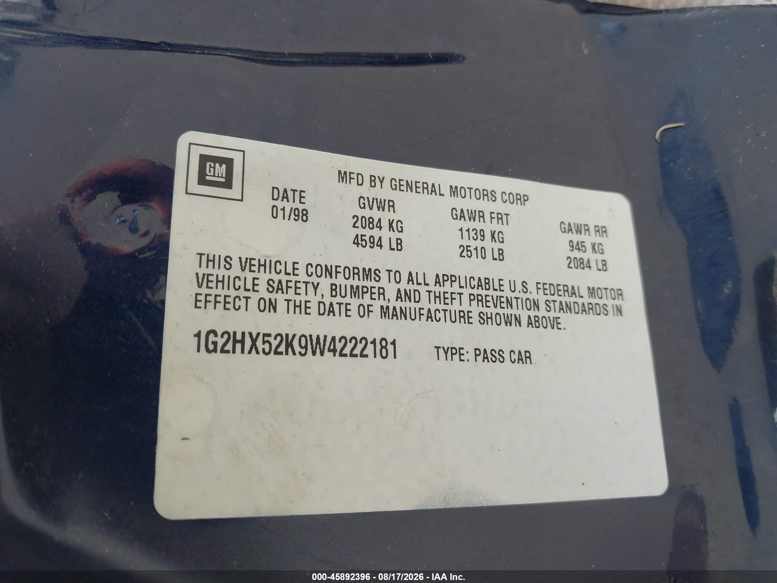 1998 Pontiac Bonneville Se Dark Blue vin: 1G2HX52K9W4222181