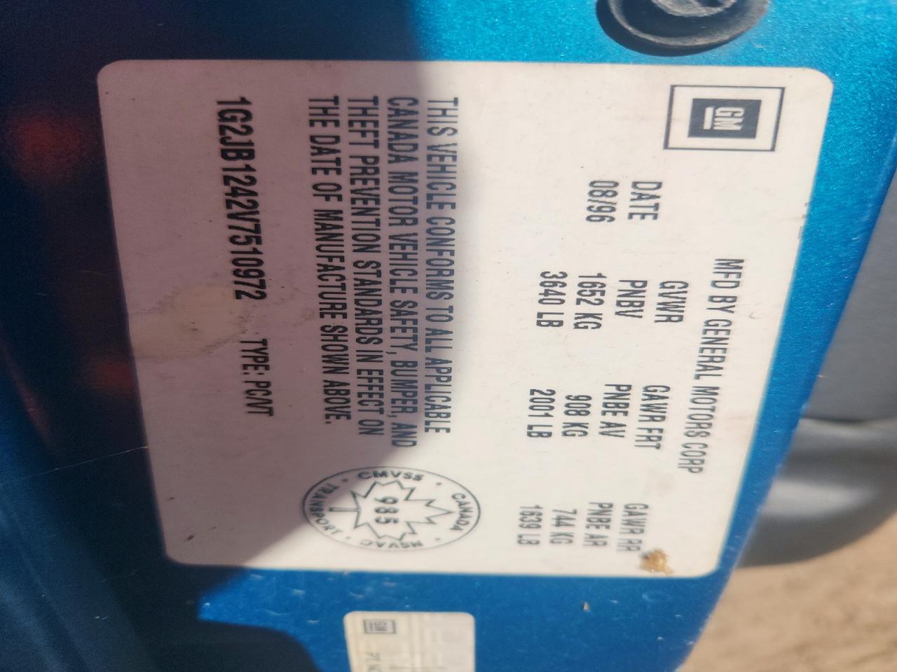 1997 Pontiac Sunfire Se Blue vin: 1G2JB1242V7510972