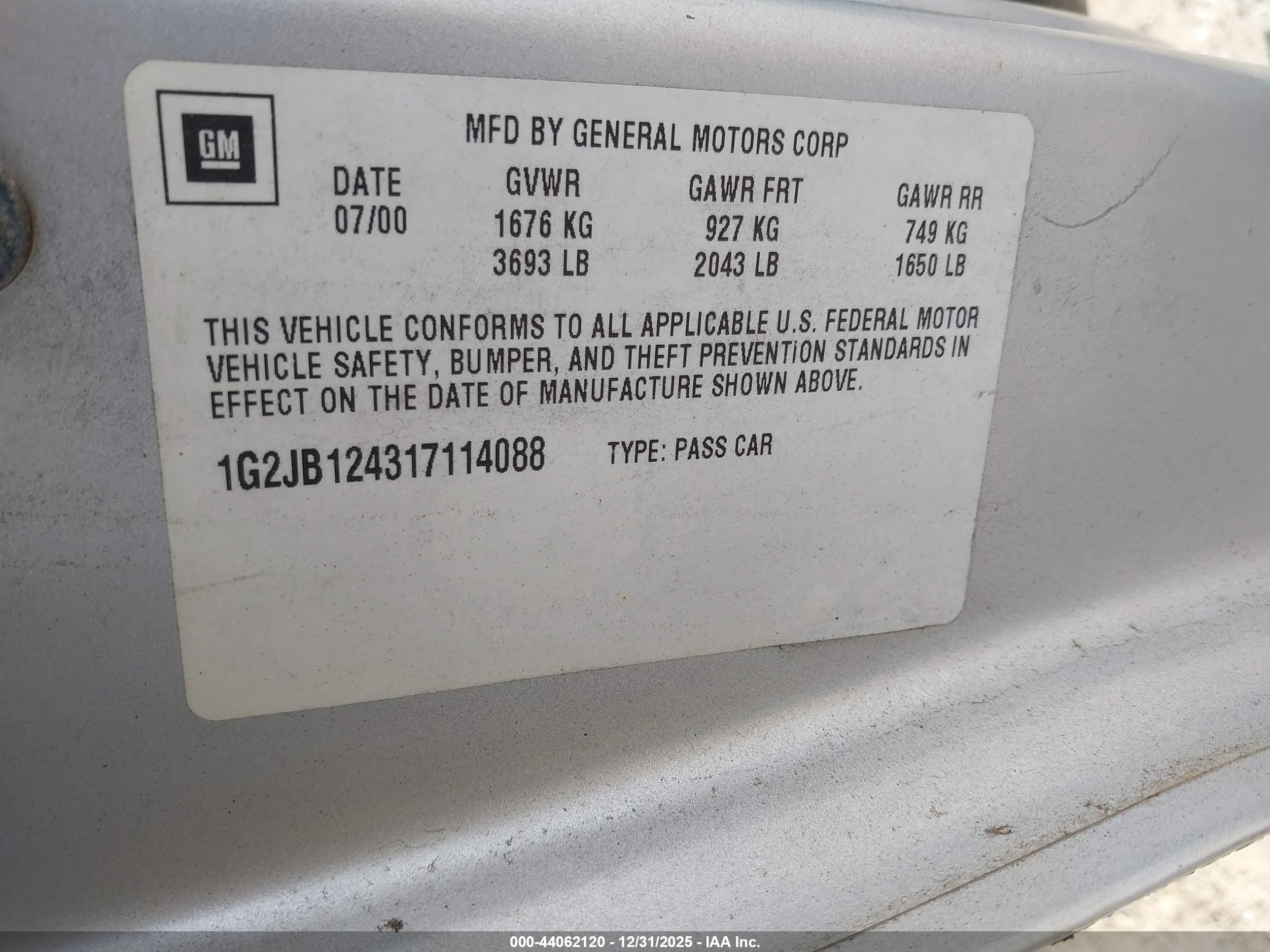 2001 Pontiac Sunfire Se Silver vin: 1G2JB124317114088
