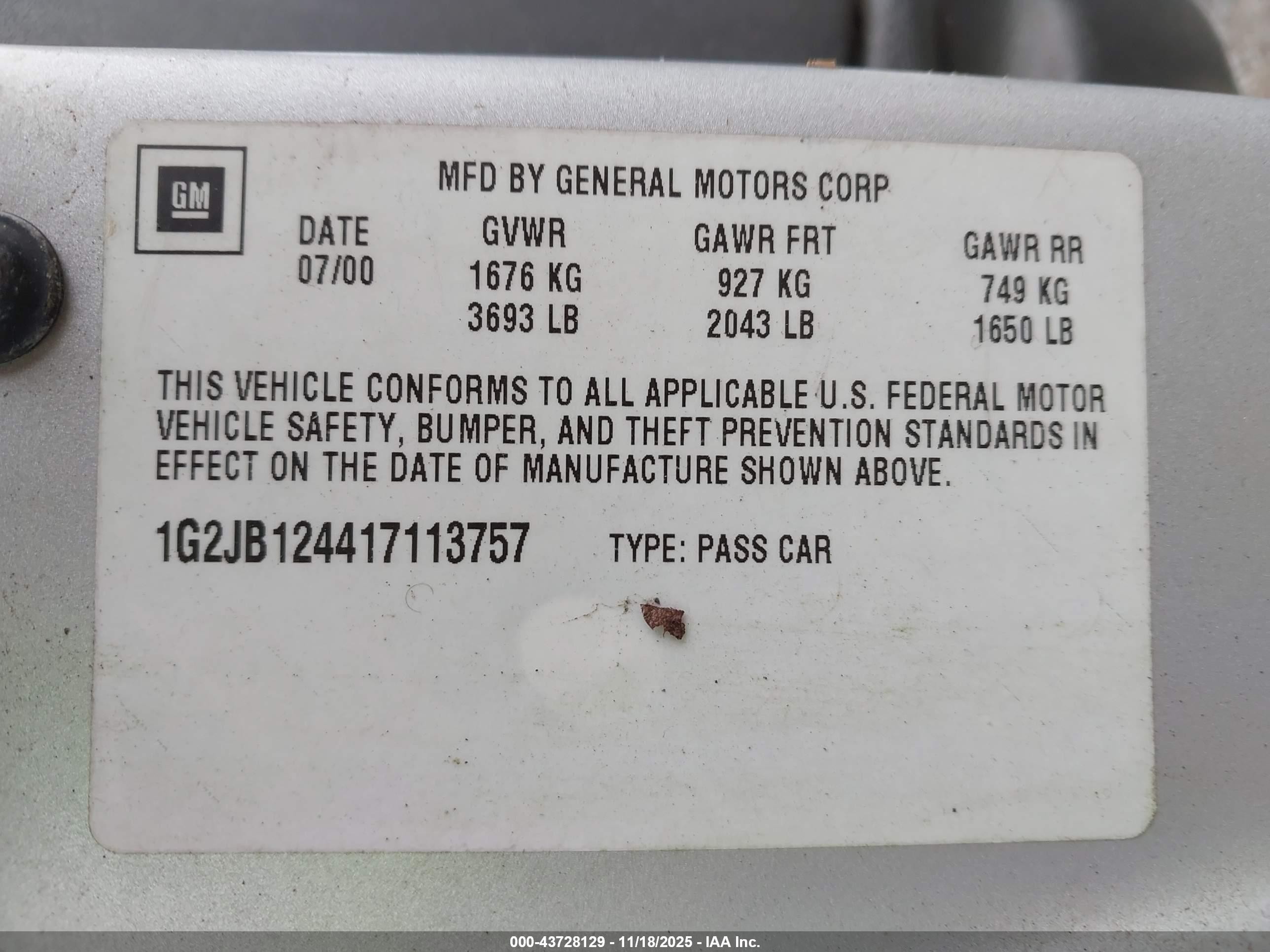 2001 Pontiac Sunfire Se Silver vin: 1G2JB124417113757