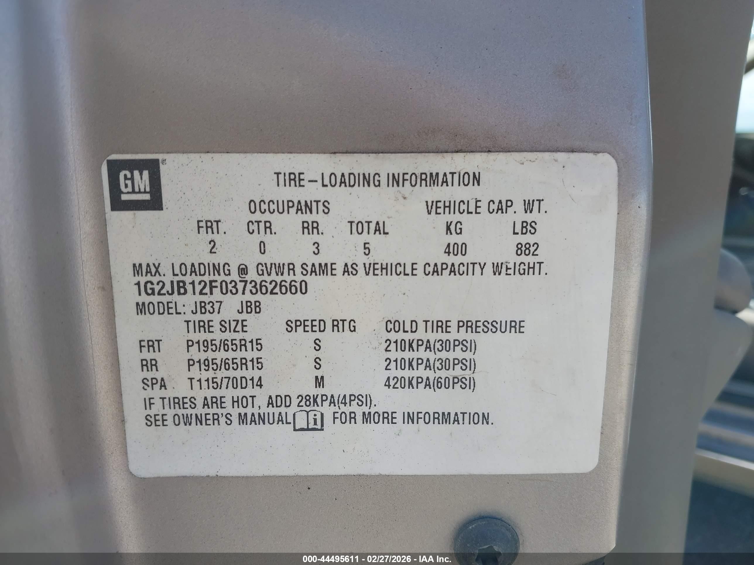 2003 Pontiac Sunfire   Tan vin: 1G2JB12F037362660