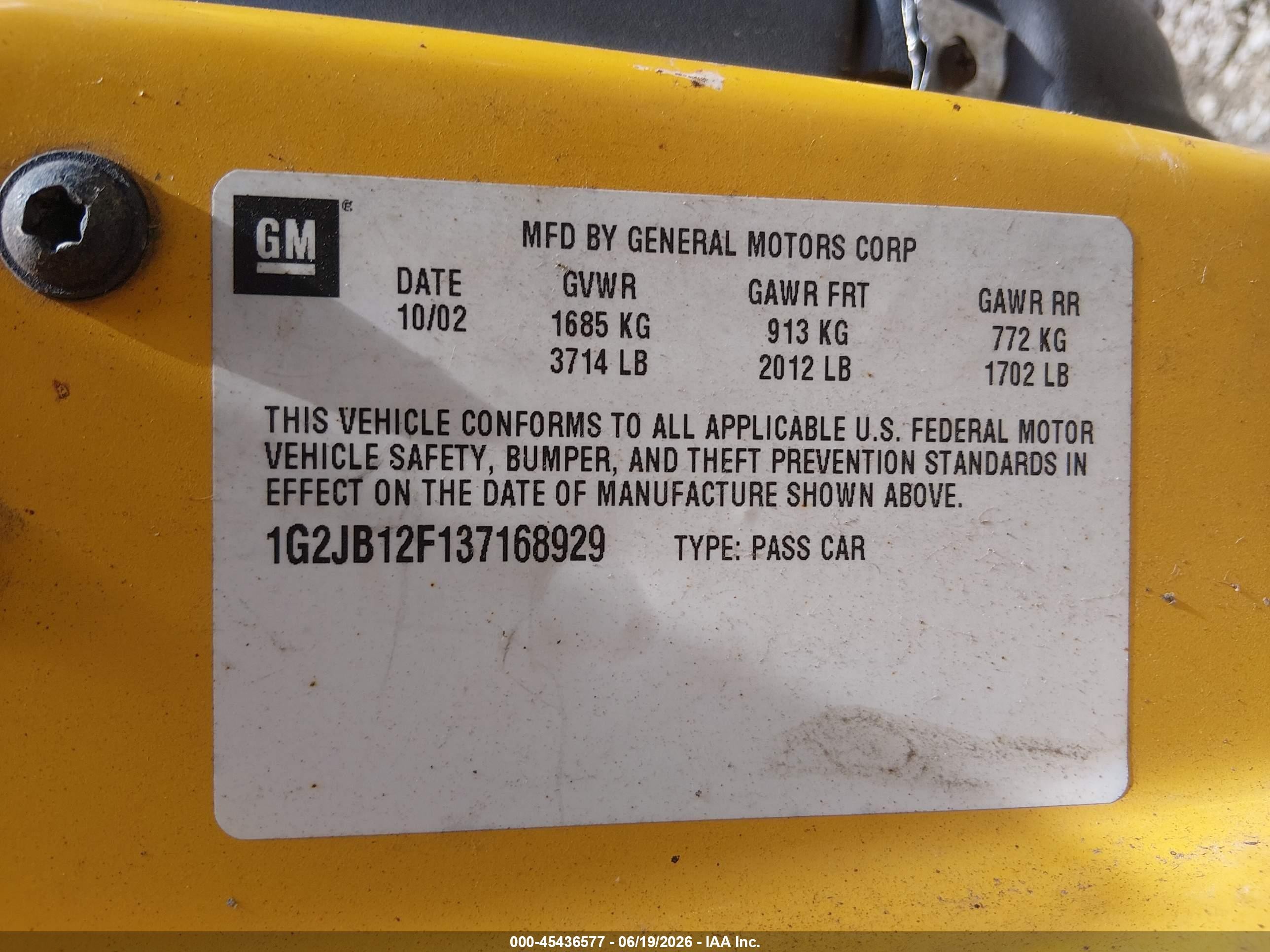 2003 Pontiac Sunfire   Yellow vin: 1G2JB12F137168929