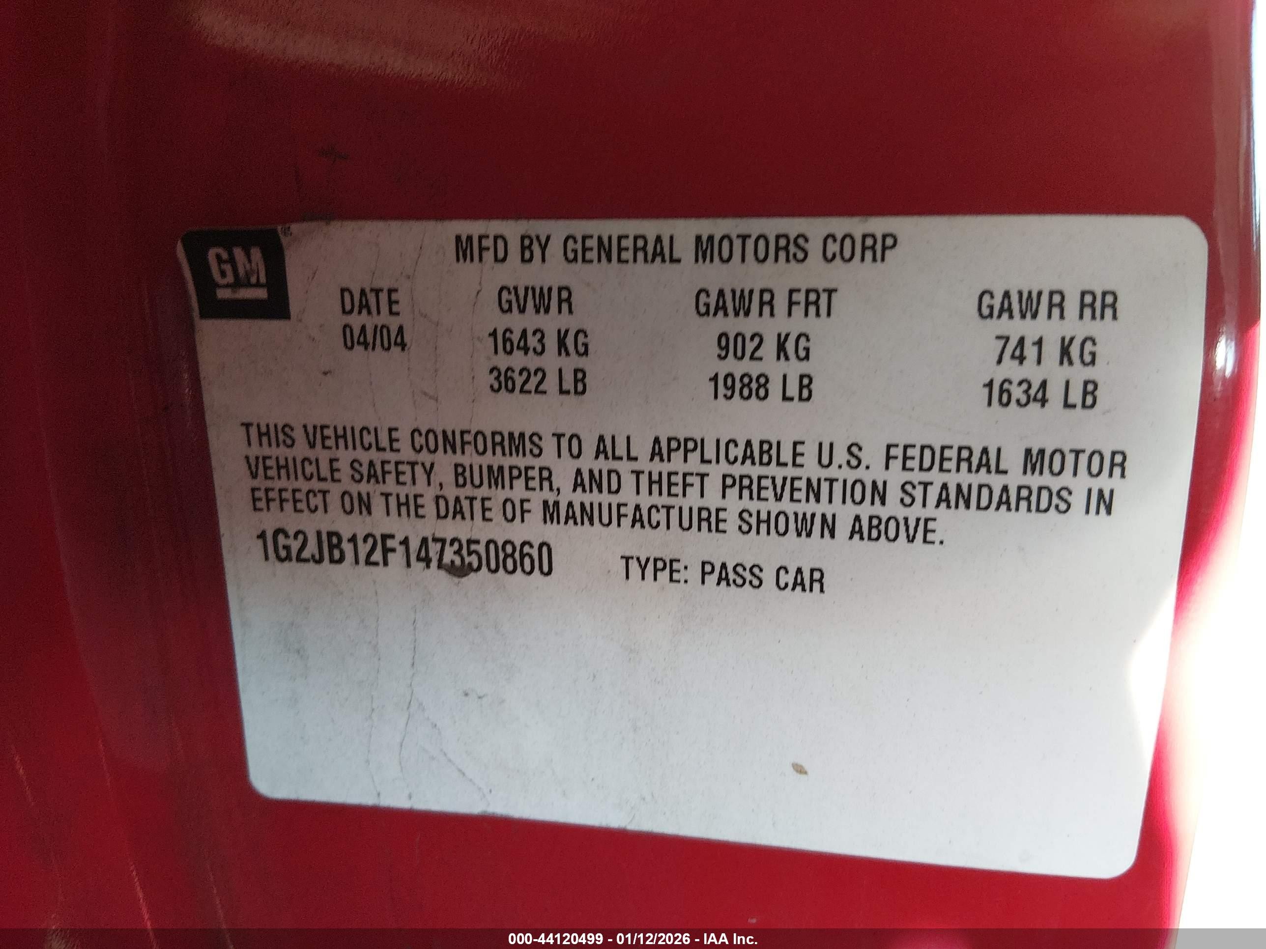 2004 Pontiac Sunfire   Красный vin: 1G2JB12F147350860