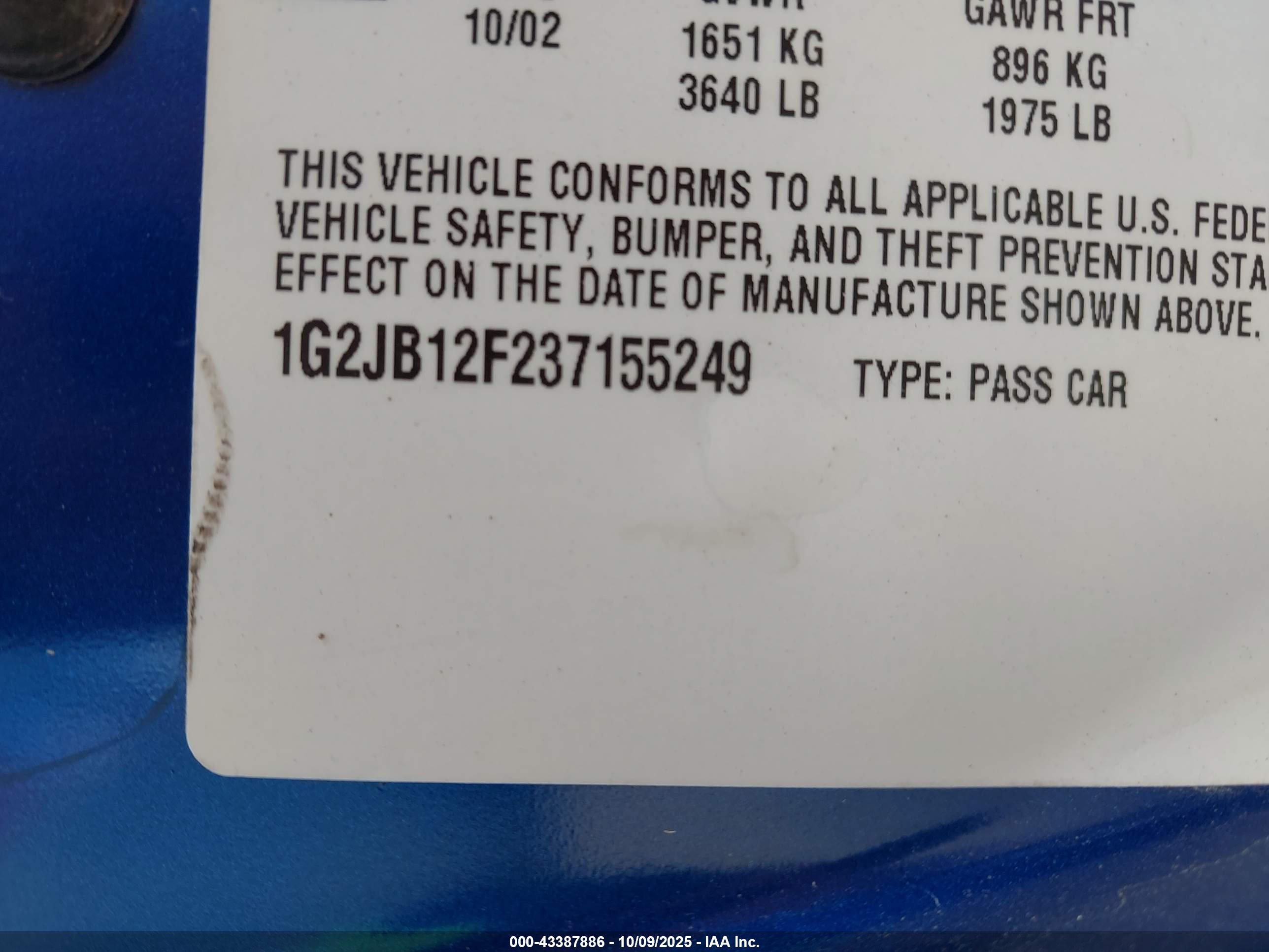 2003 Pontiac Sunfire Blue vin: 1G2JB12F237155249