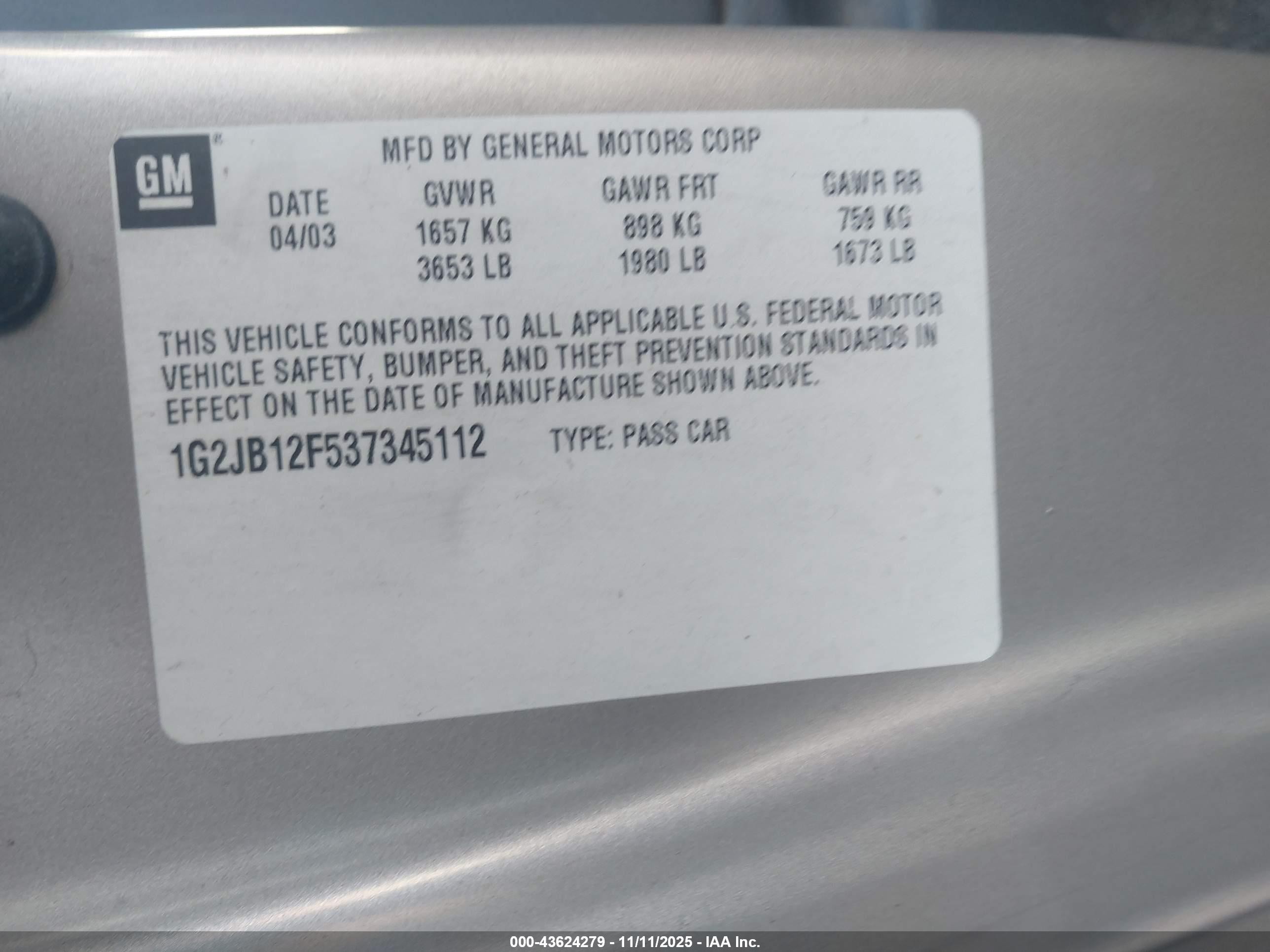 2003 Pontiac Sunfire   Silver vin: 1G2JB12F537345112
