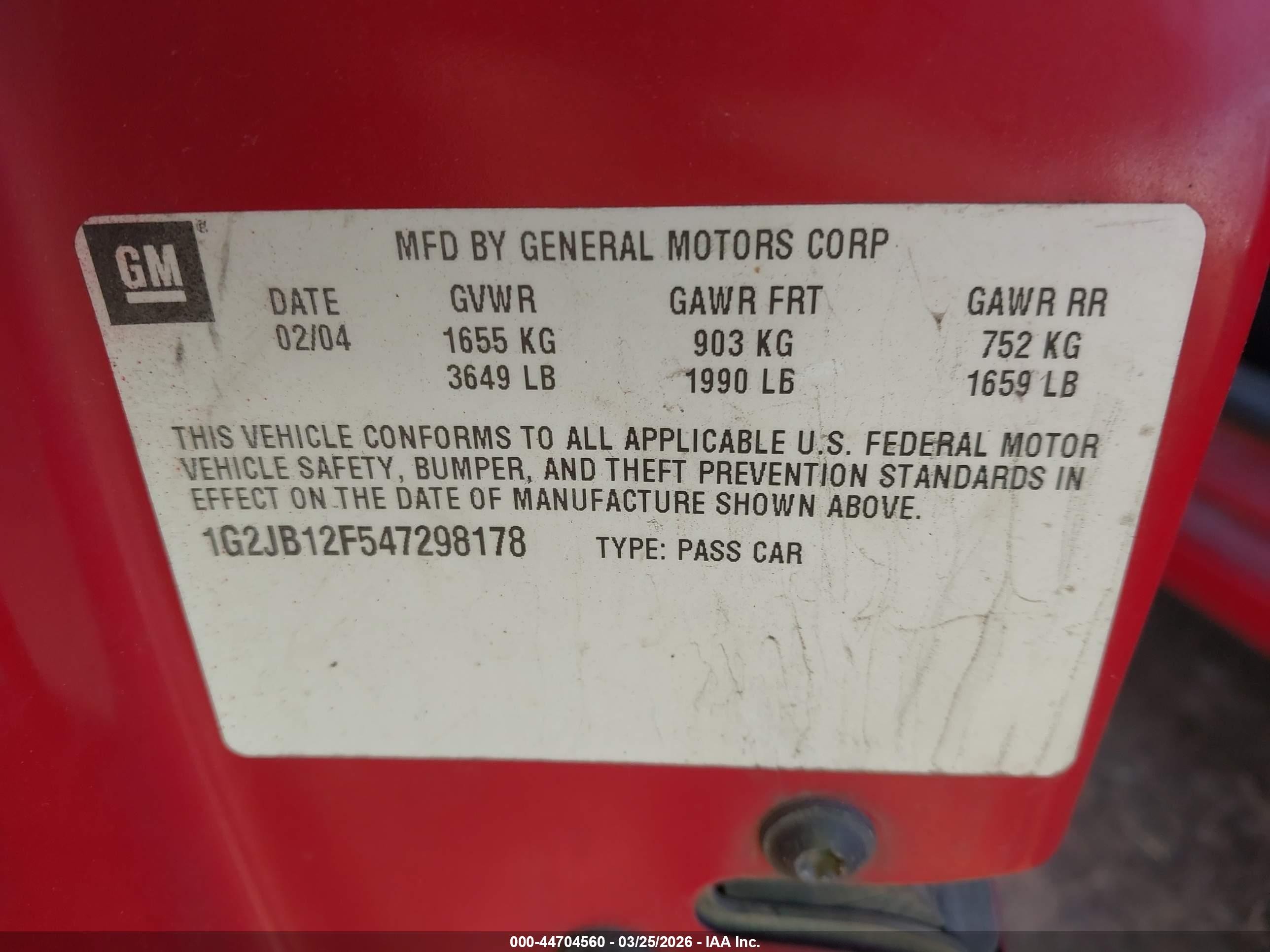 2004 Pontiac Sunfire   Red vin: 1G2JB12F547298178