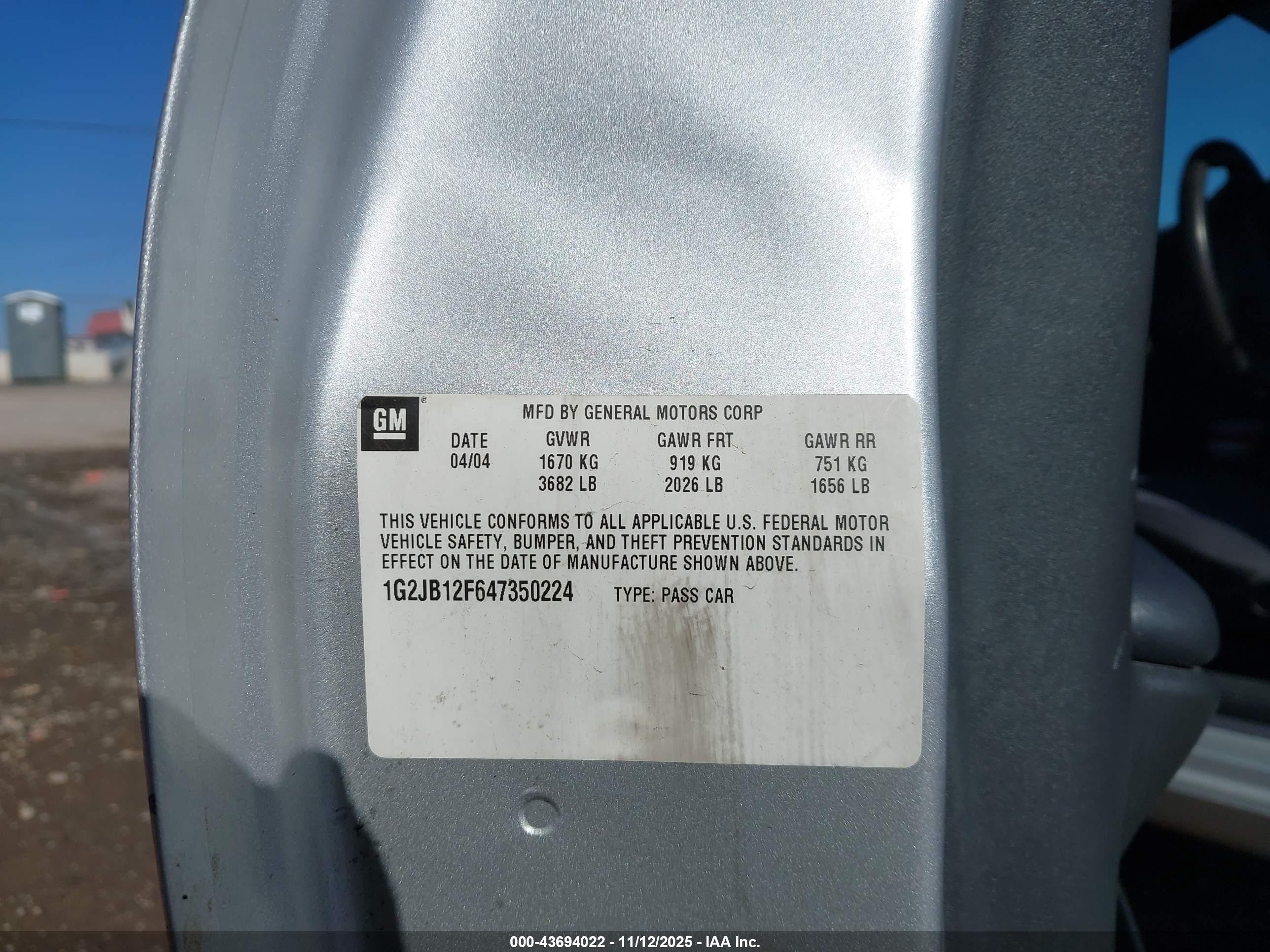 2004 Pontiac Sunfire   Silver vin: 1G2JB12F647350224