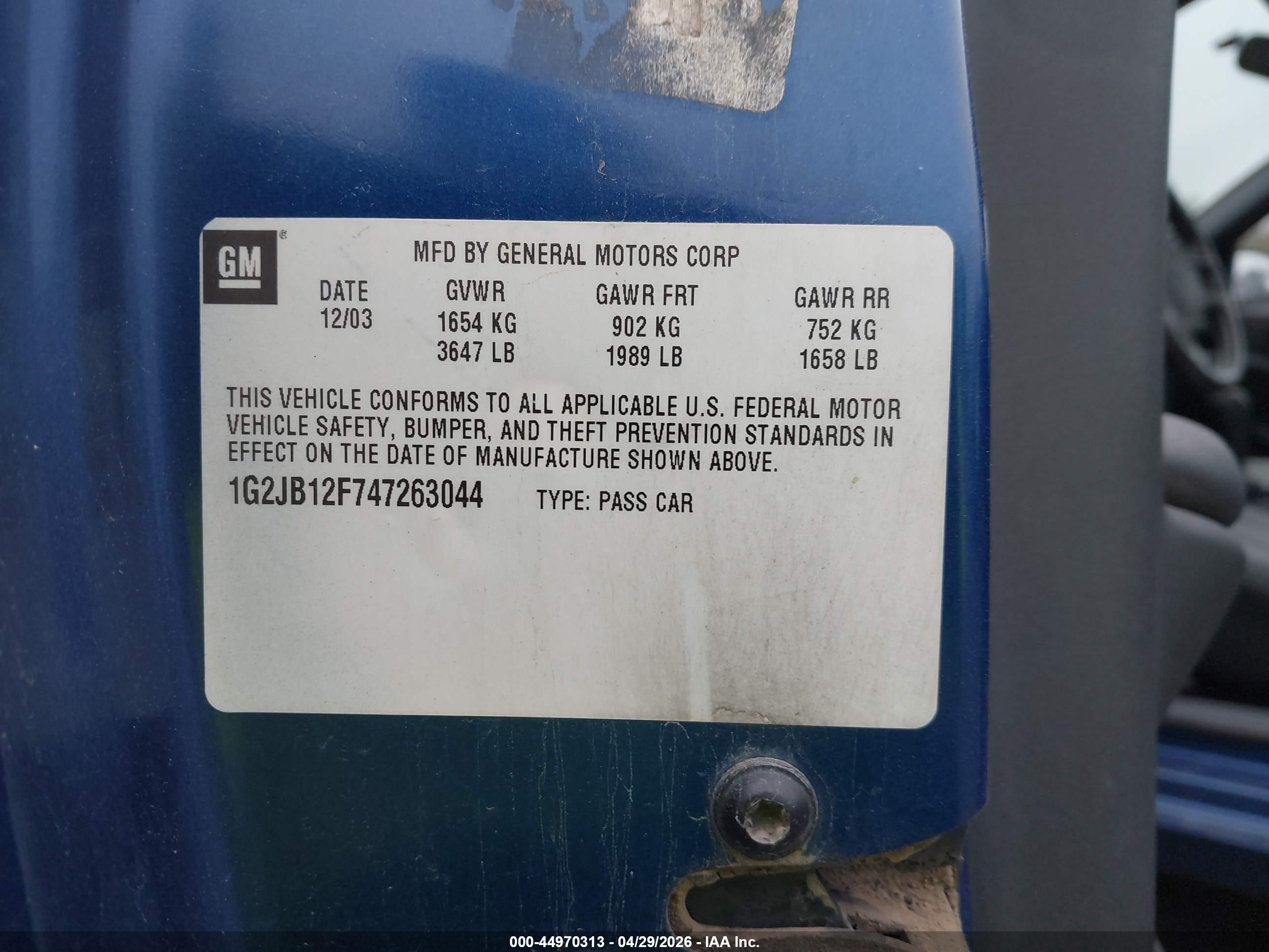 2004 Pontiac Sunfire   Blue vin: 1G2JB12F747263044