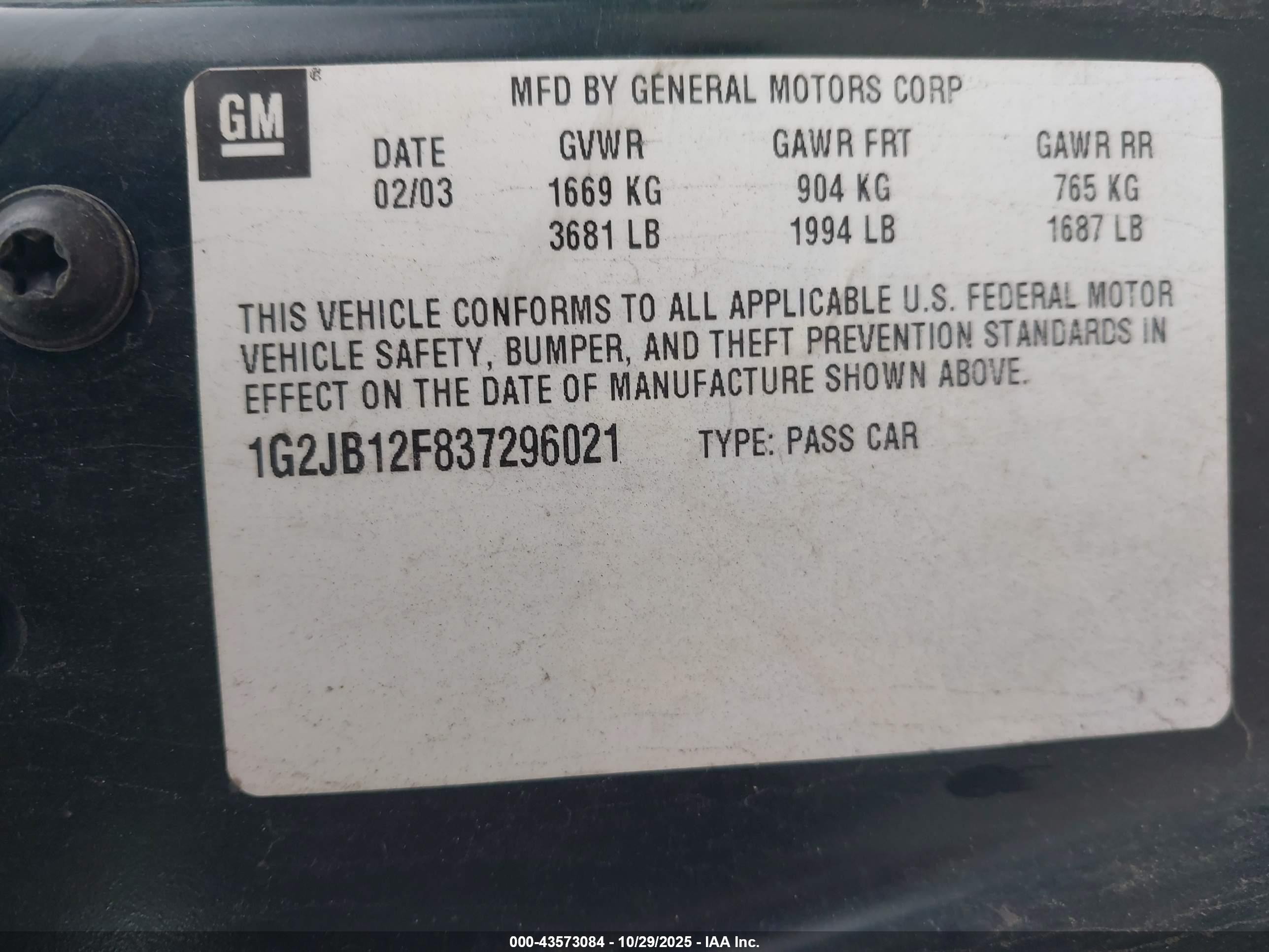 2003 Pontiac Sunfire   Green vin: 1G2JB12F837296021