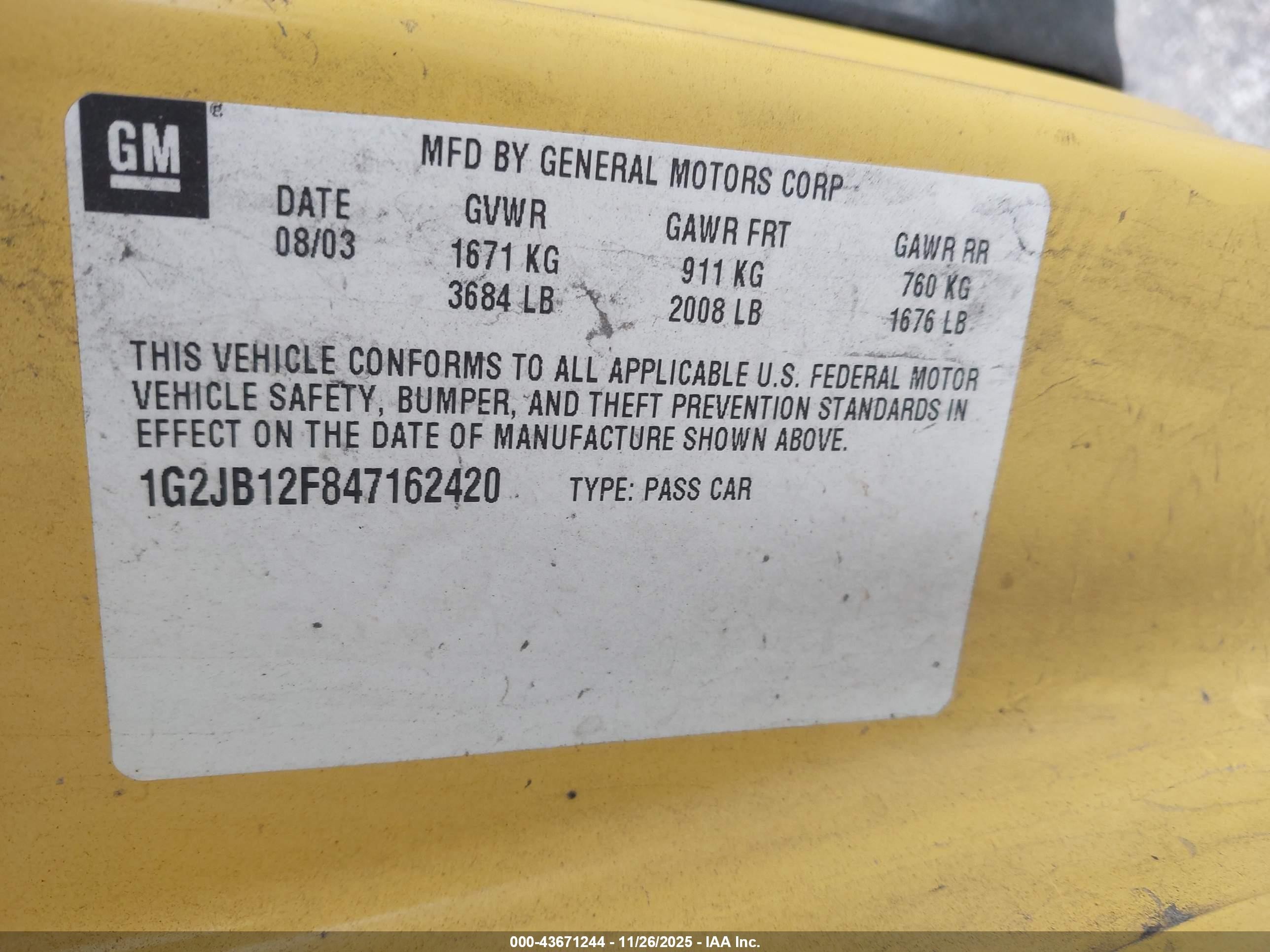 2004 Pontiac Sunfire   Yellow vin: 1G2JB12F847162420