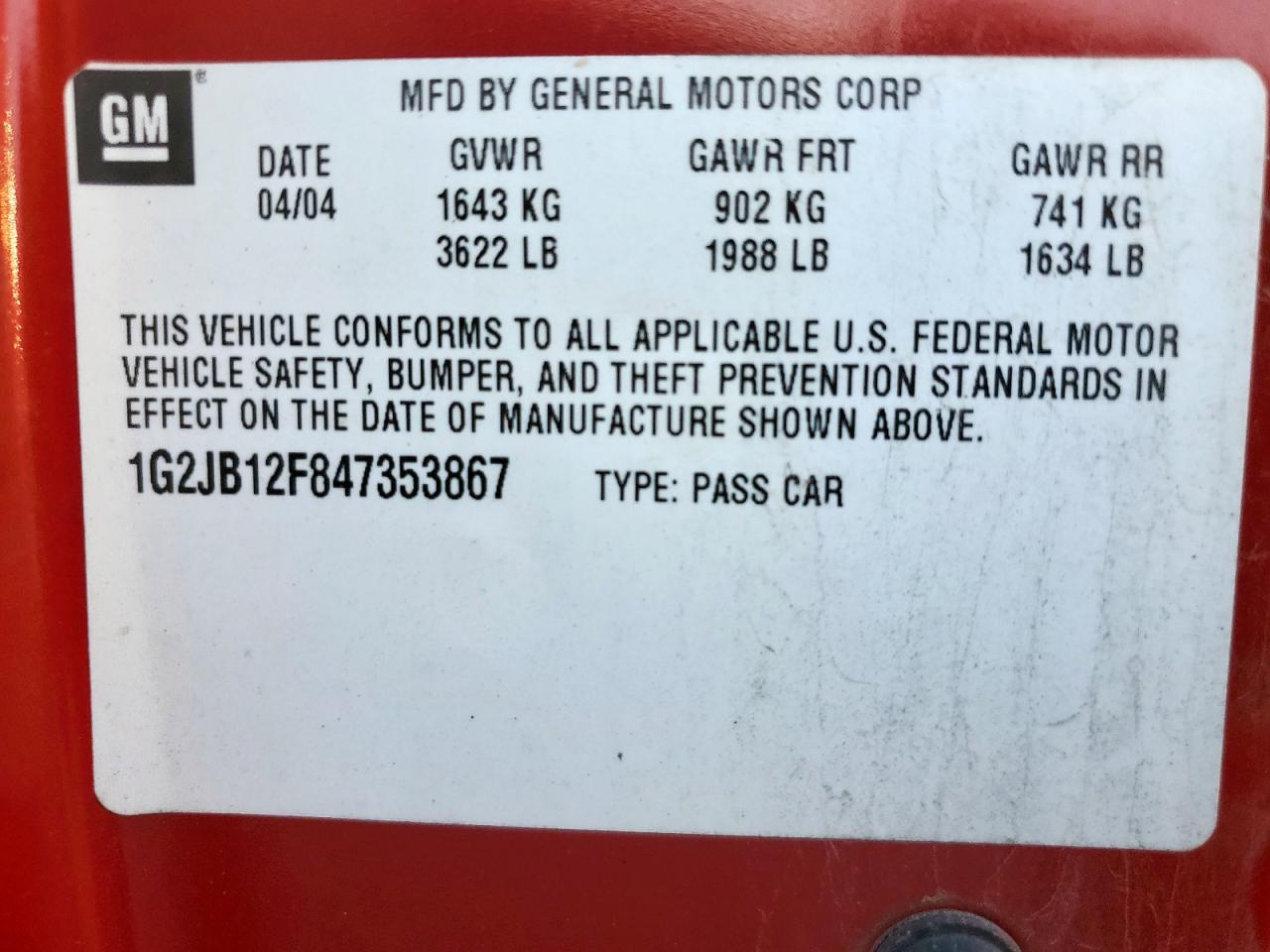 2004 Pontiac Sunfire Red vin: 1G2JB12F847353867