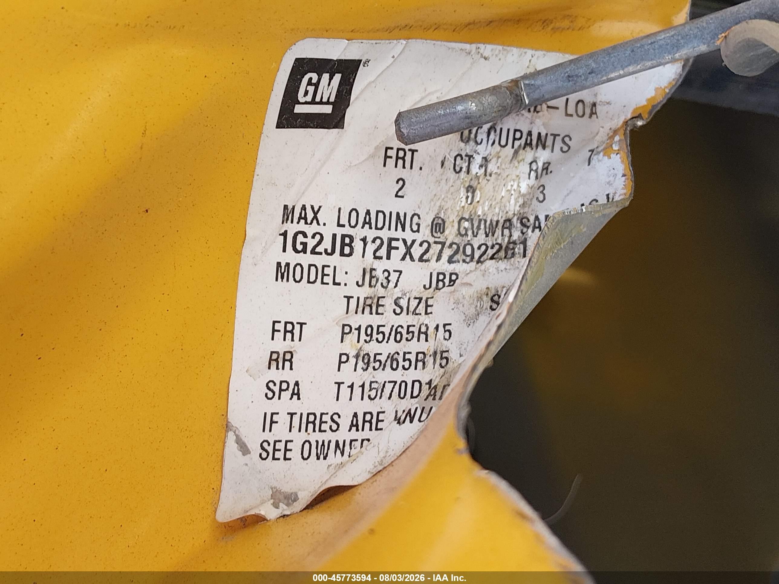 2002 Pontiac Sunfire Se Yellow vin: 1G2JB12FX27292261
