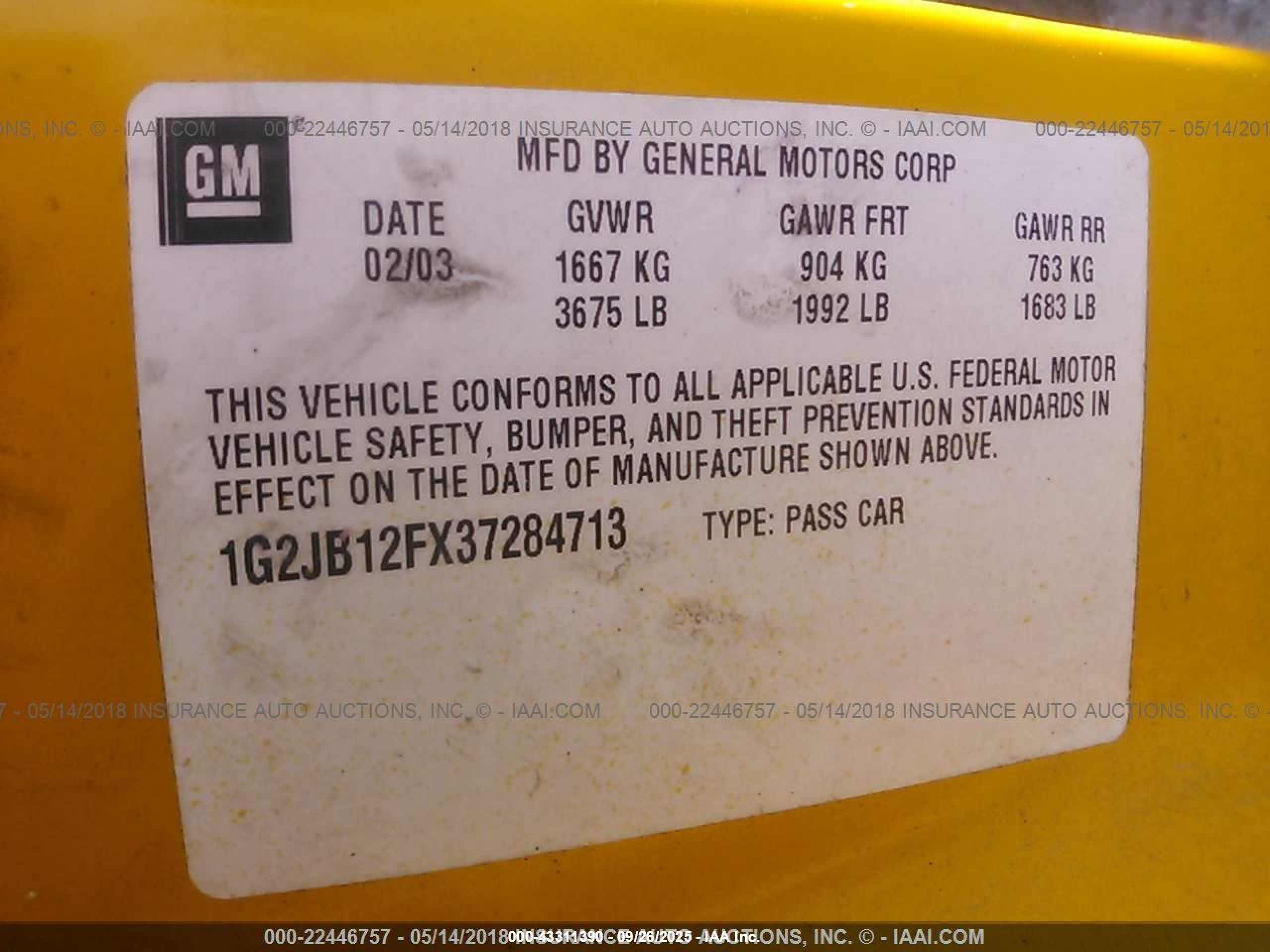 2003 Pontiac Sunfire   Yellow vin: 1G2JB12FX37284713