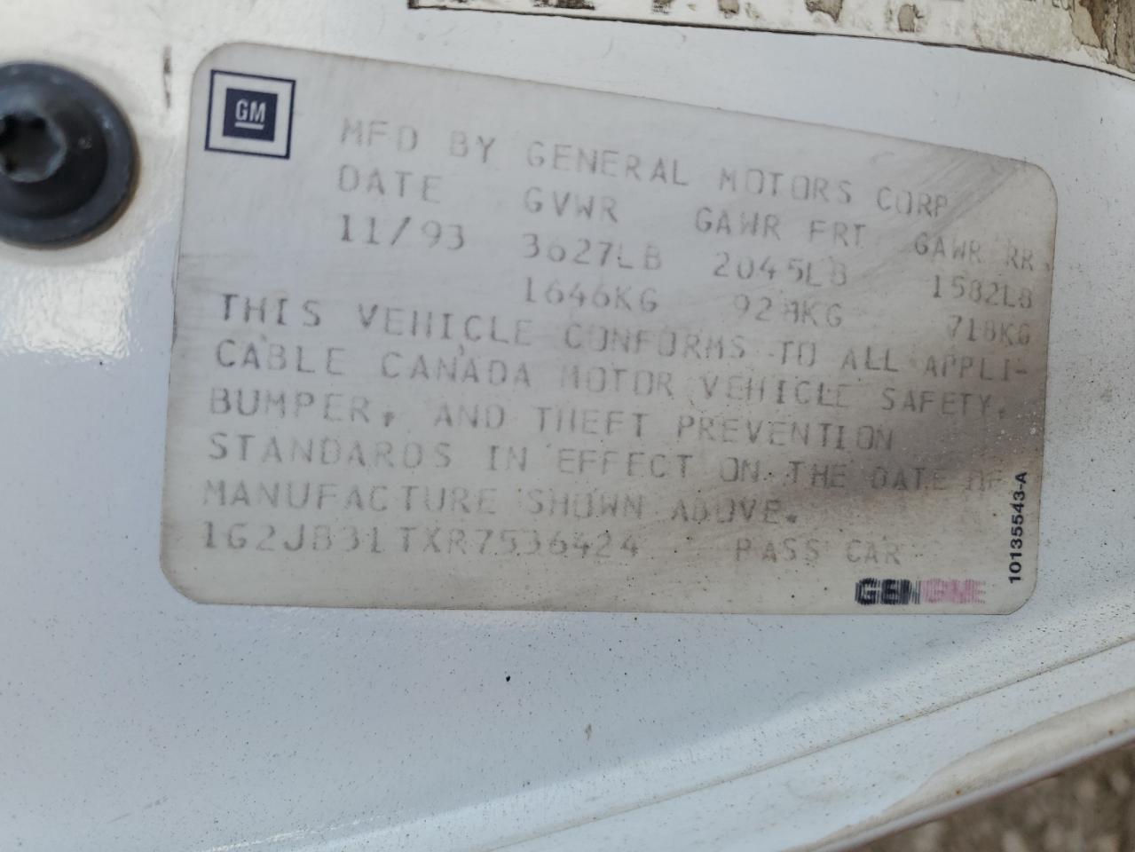 1994 Pontiac Sunbird Le Белый vin: 1G2JB31TXR7536424