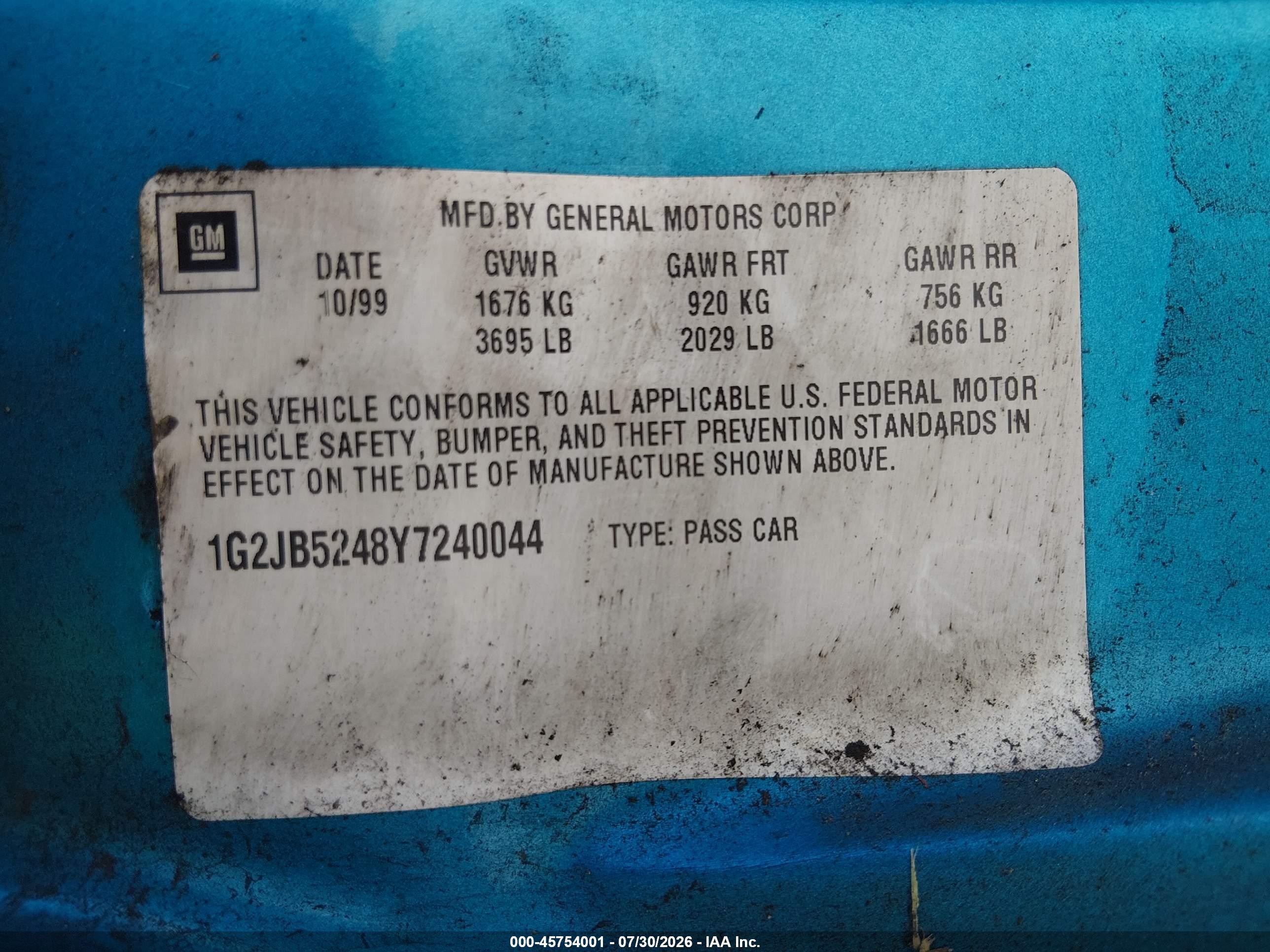 2000 Pontiac Sunfire Se Бирюзовый vin: 1G2JB5248Y7240044
