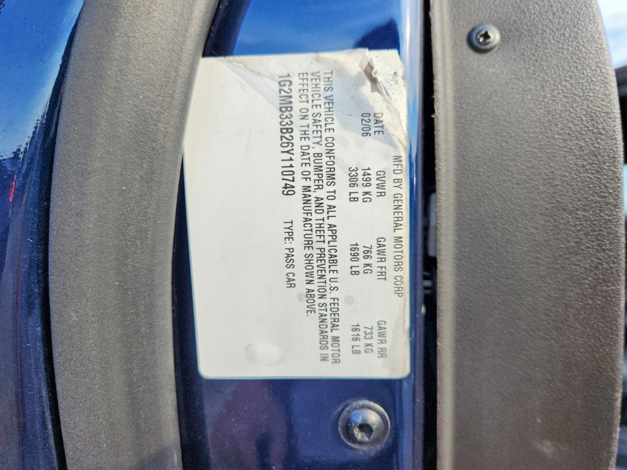 2006 Pontiac Solstice Blue vin: 1G2MB33B26Y110749