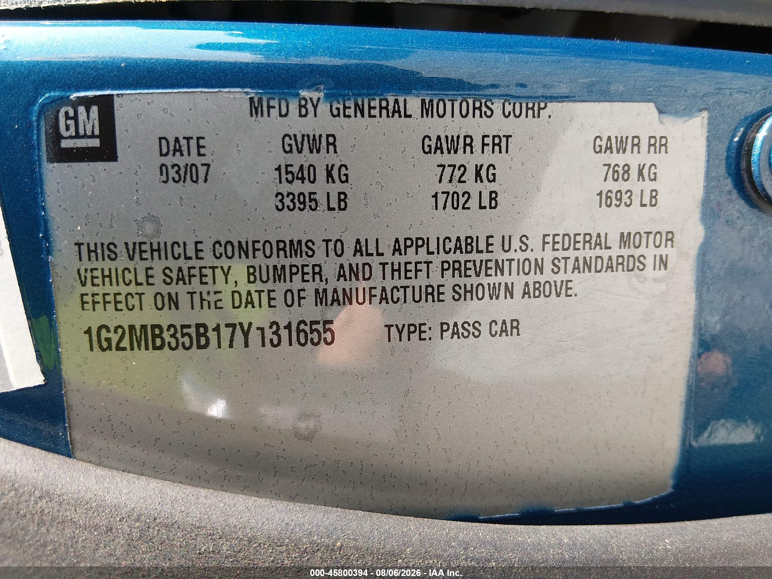 2007 Pontiac Solstice   Blue vin: 1G2MB35B17Y131655