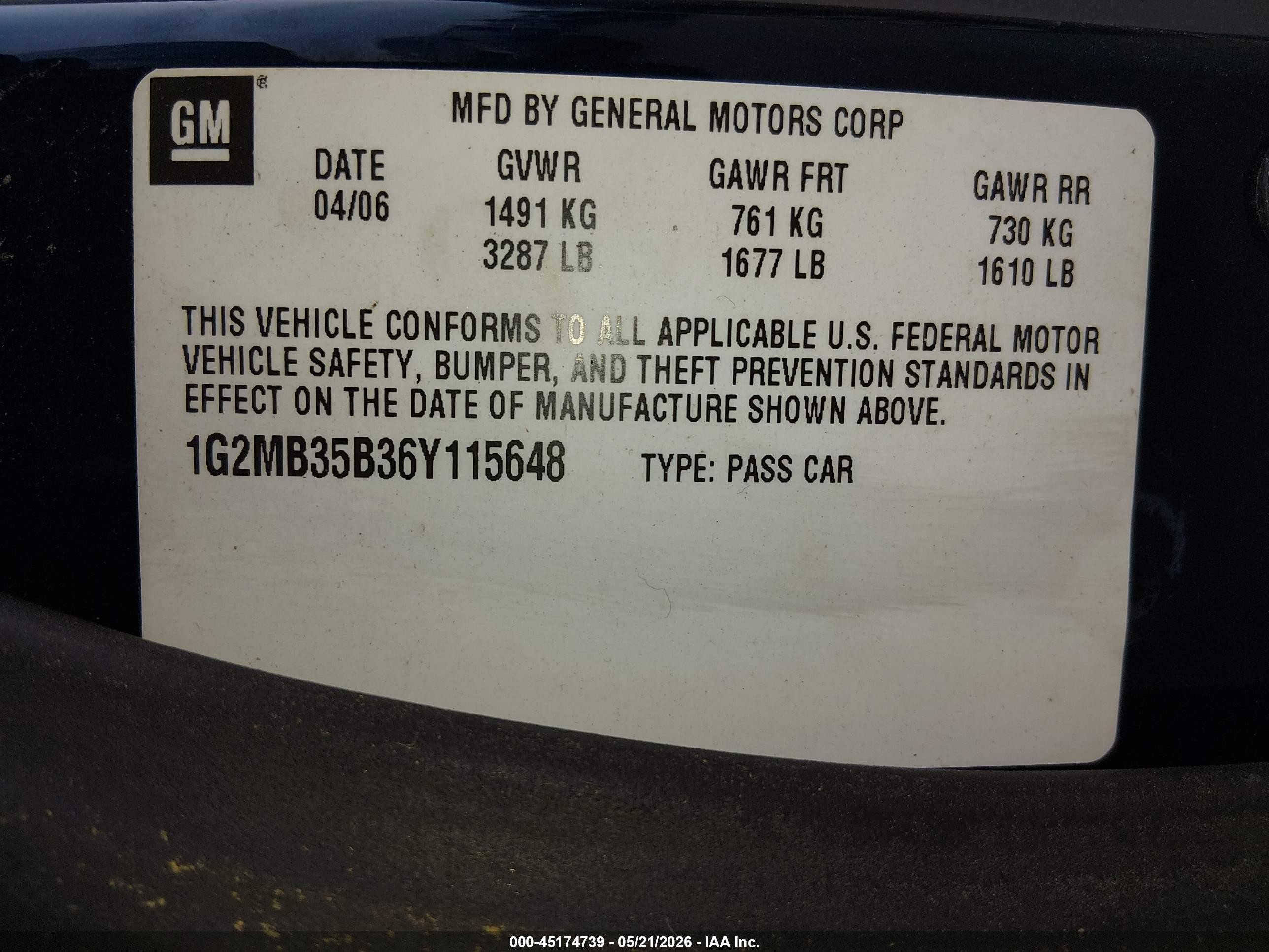 2006 Pontiac Solstice   Navy vin: 1G2MB35B36Y115648