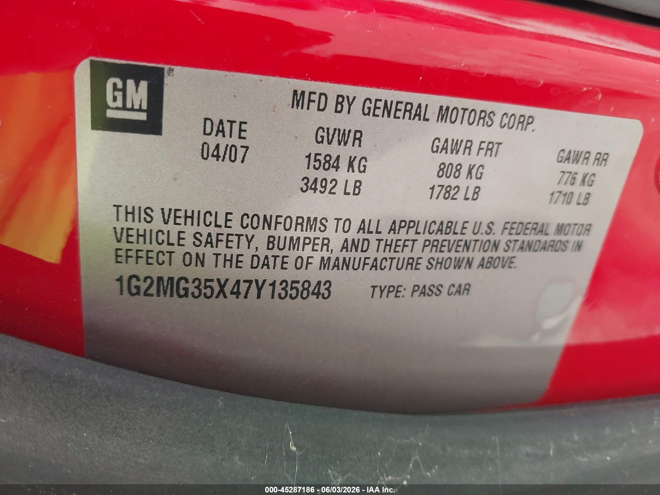 2007 Pontiac Solstice Gxp Red vin: 1G2MG35X47Y135843